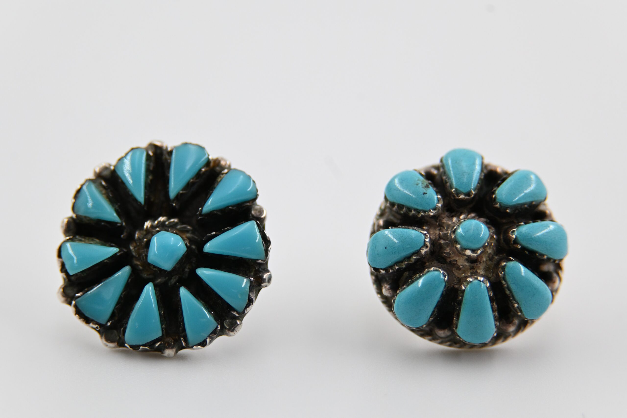 Two Single Zuni Sterling Silver Petit Point Turquoise Cluster Stud Earrings