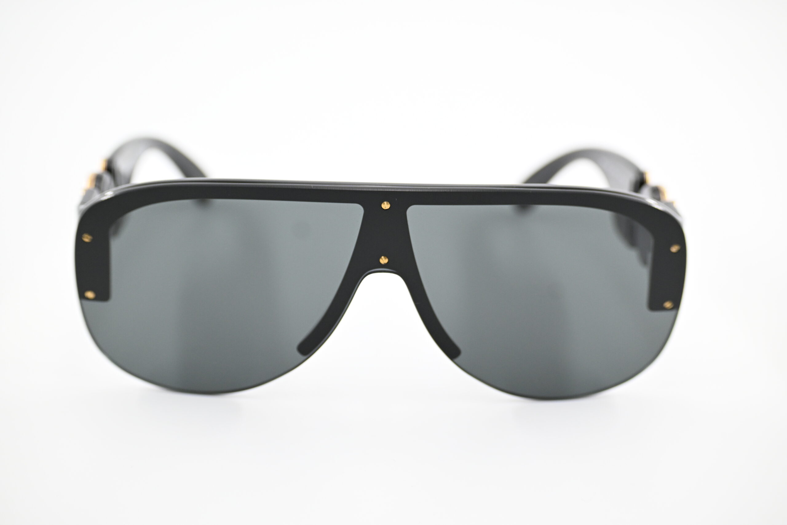 Versace VE4391 Black Shield Sunglasses with Gold Medusa Medallion