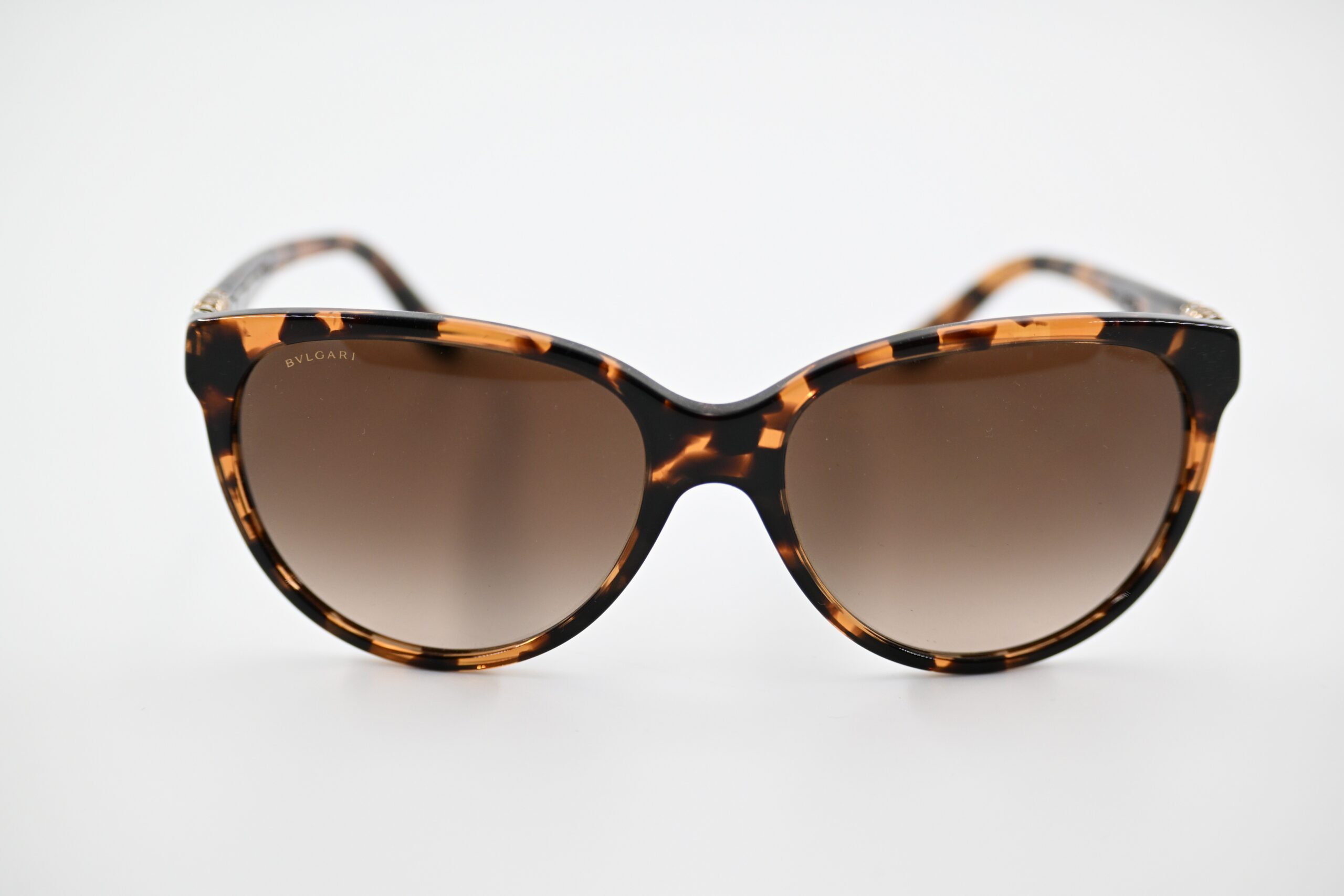 Bvlgari 8166-B Cat-Eye Sunglasses in Amber Tortoise with Crystal PavÃ© Temples, Made in Italy