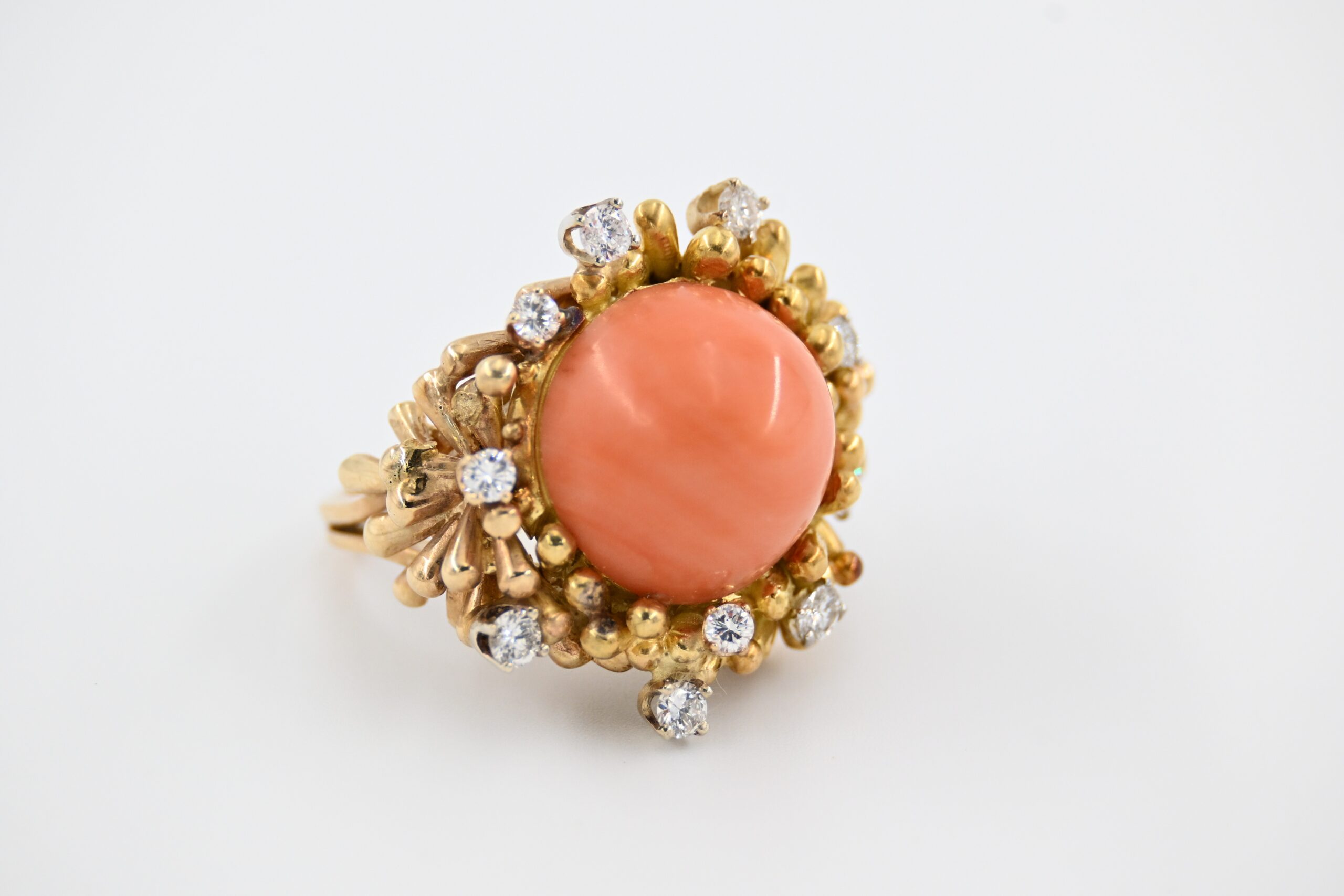 Vintage 14K Gold Coral and Diamond Brutalist Style Cocktail Ring