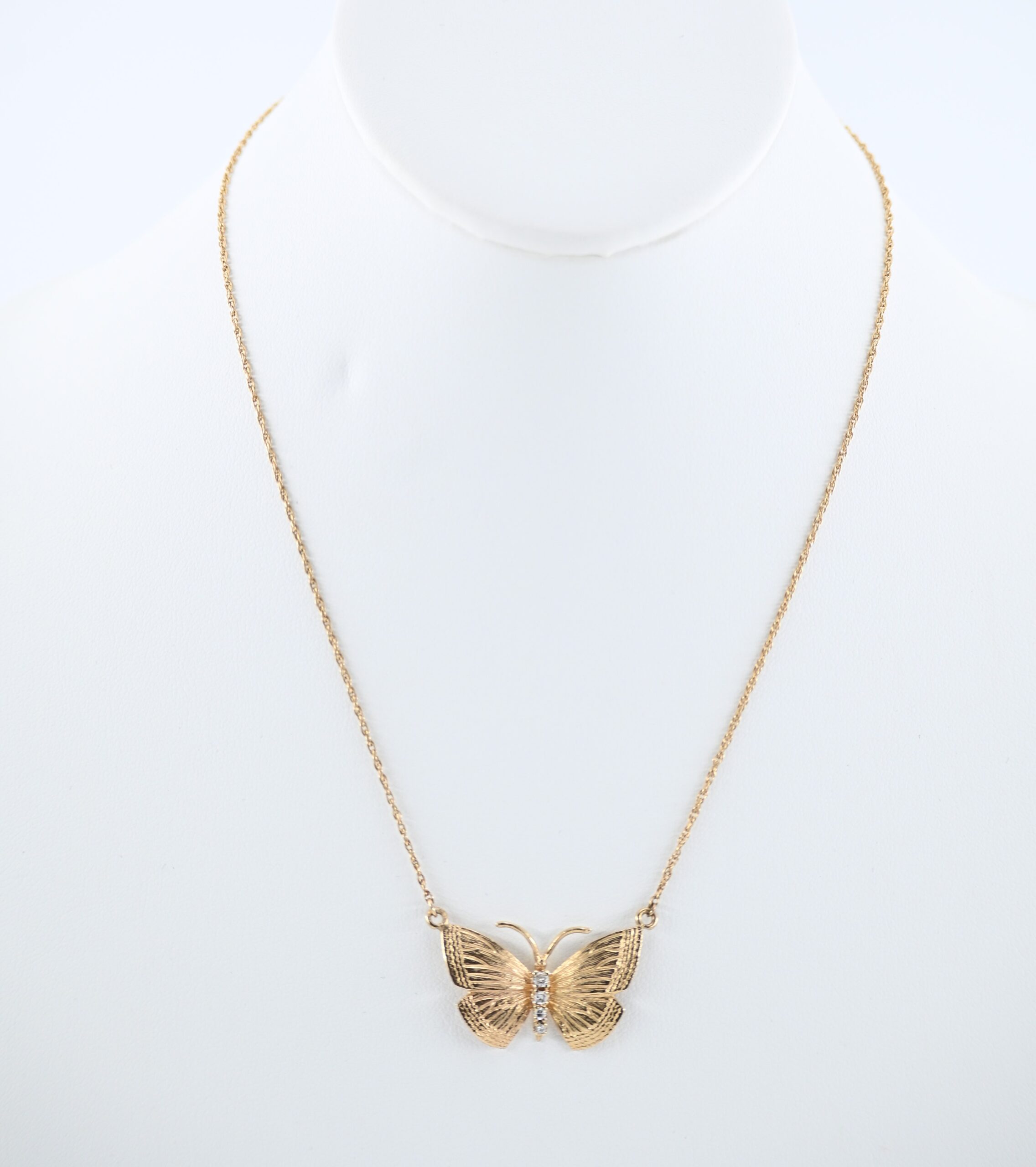 14K Yellow Gold Butterfly Pendant Necklace with 4 Diamonds - Image 3