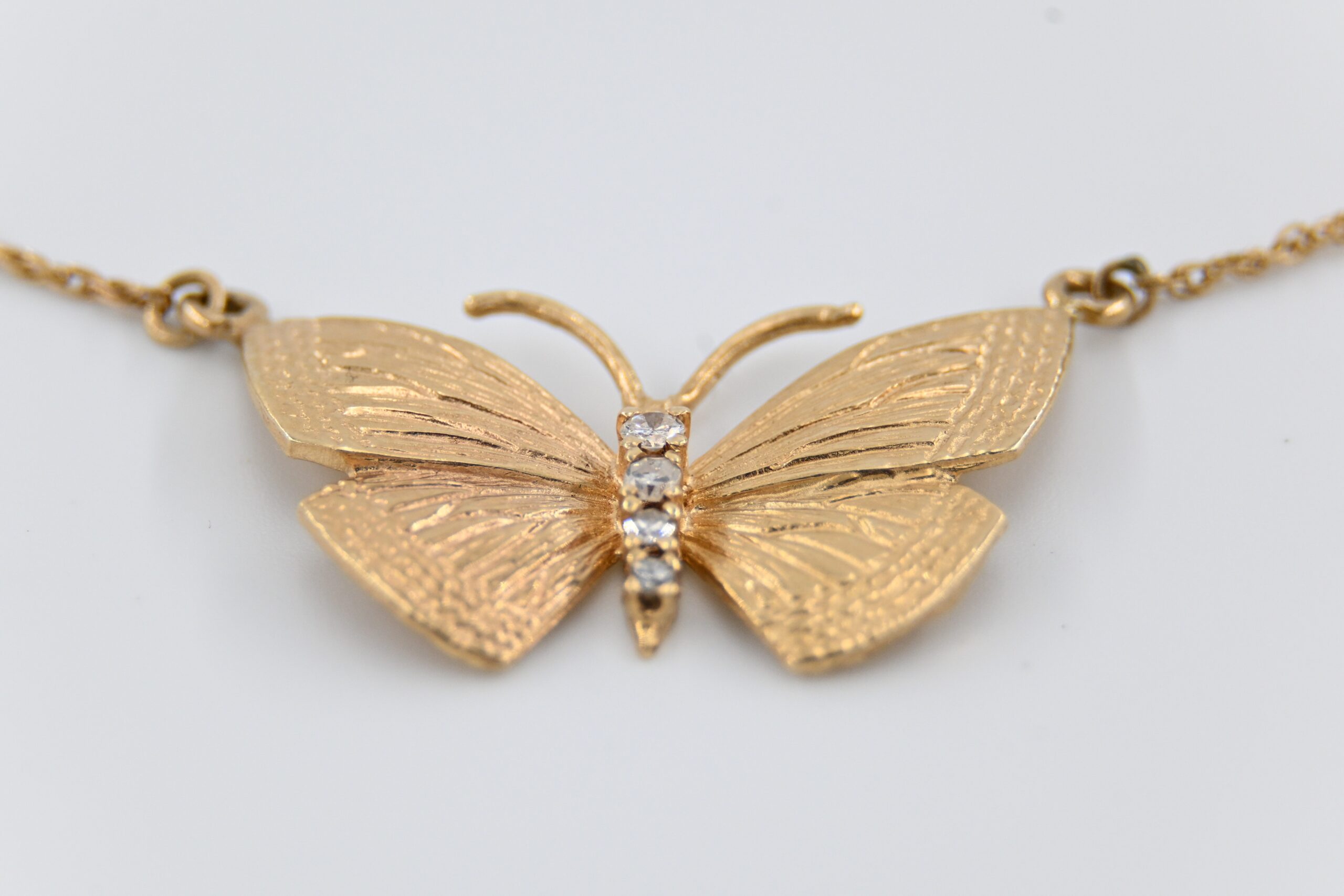 14K Yellow Gold Butterfly Pendant Necklace with 4 Diamonds