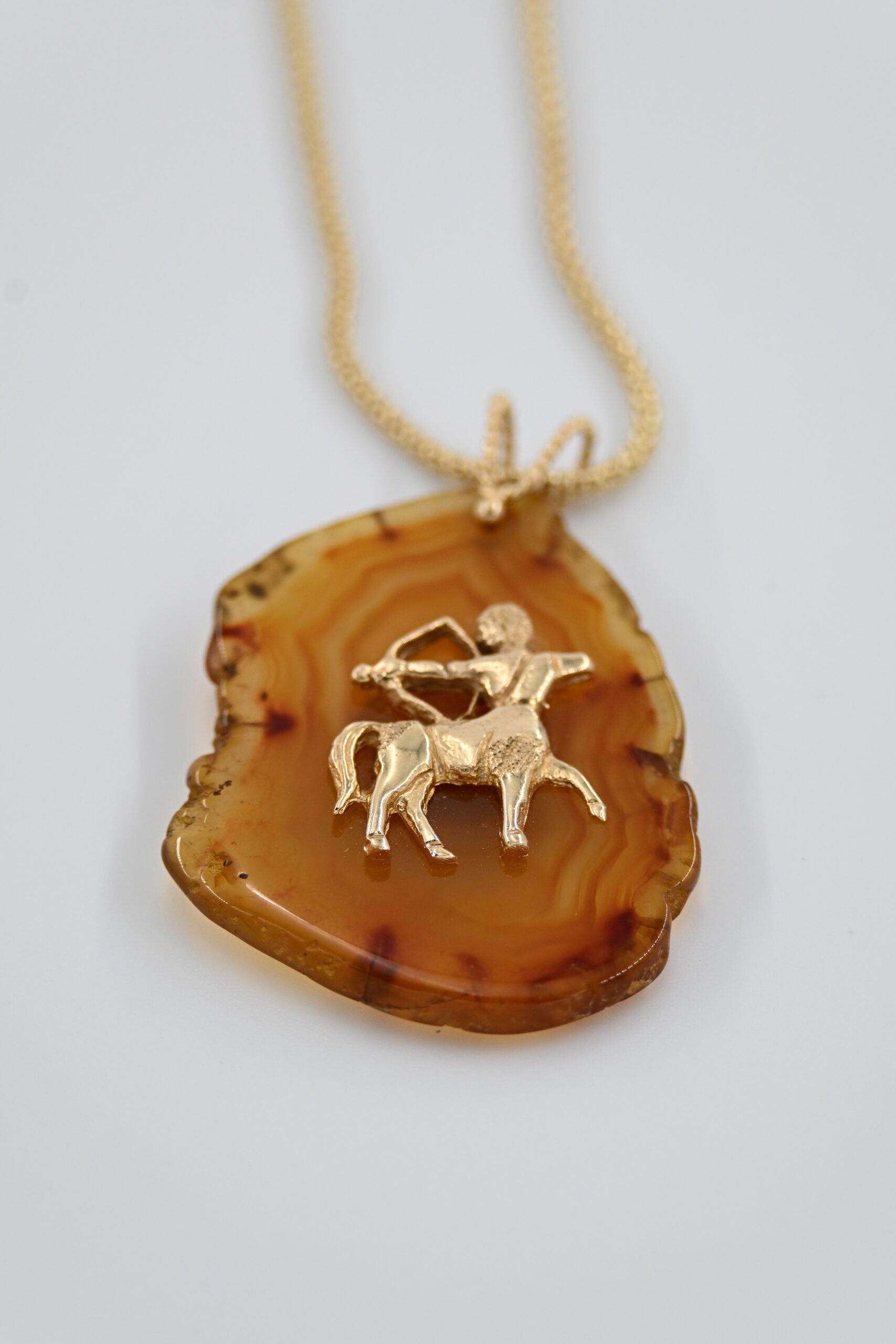 14K Gold Sagittarius Zodiac Pendant on Banded Agate Slice with Popcorn Link Chain