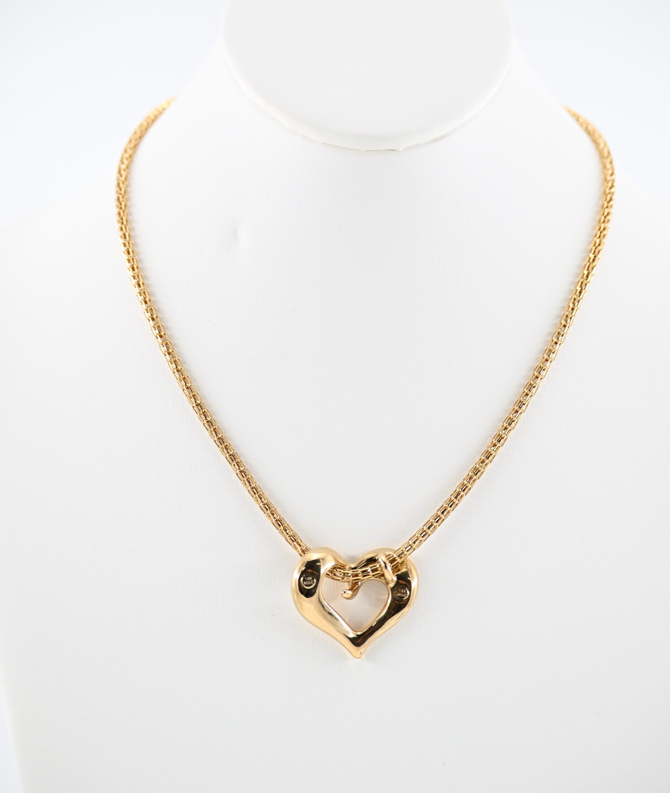14K Yellow Gold Open Heart Pendant Necklace with Bismark Chain