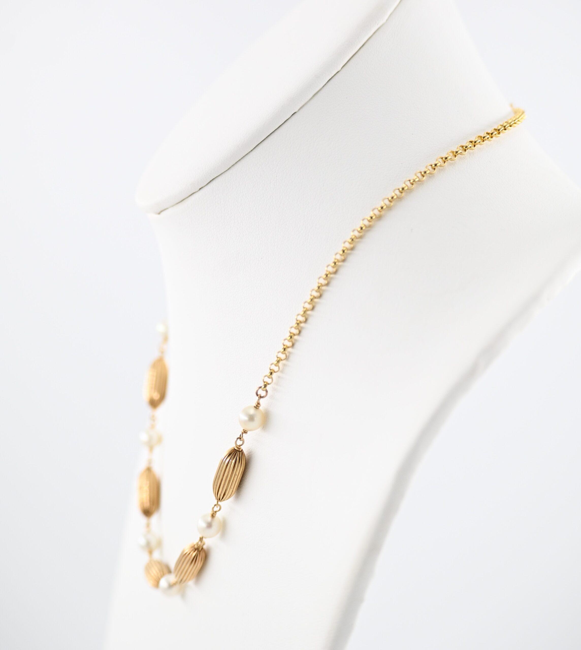 14K Italian Gold Pearl Station Necklace with Fluted Oval Beads - Image 2