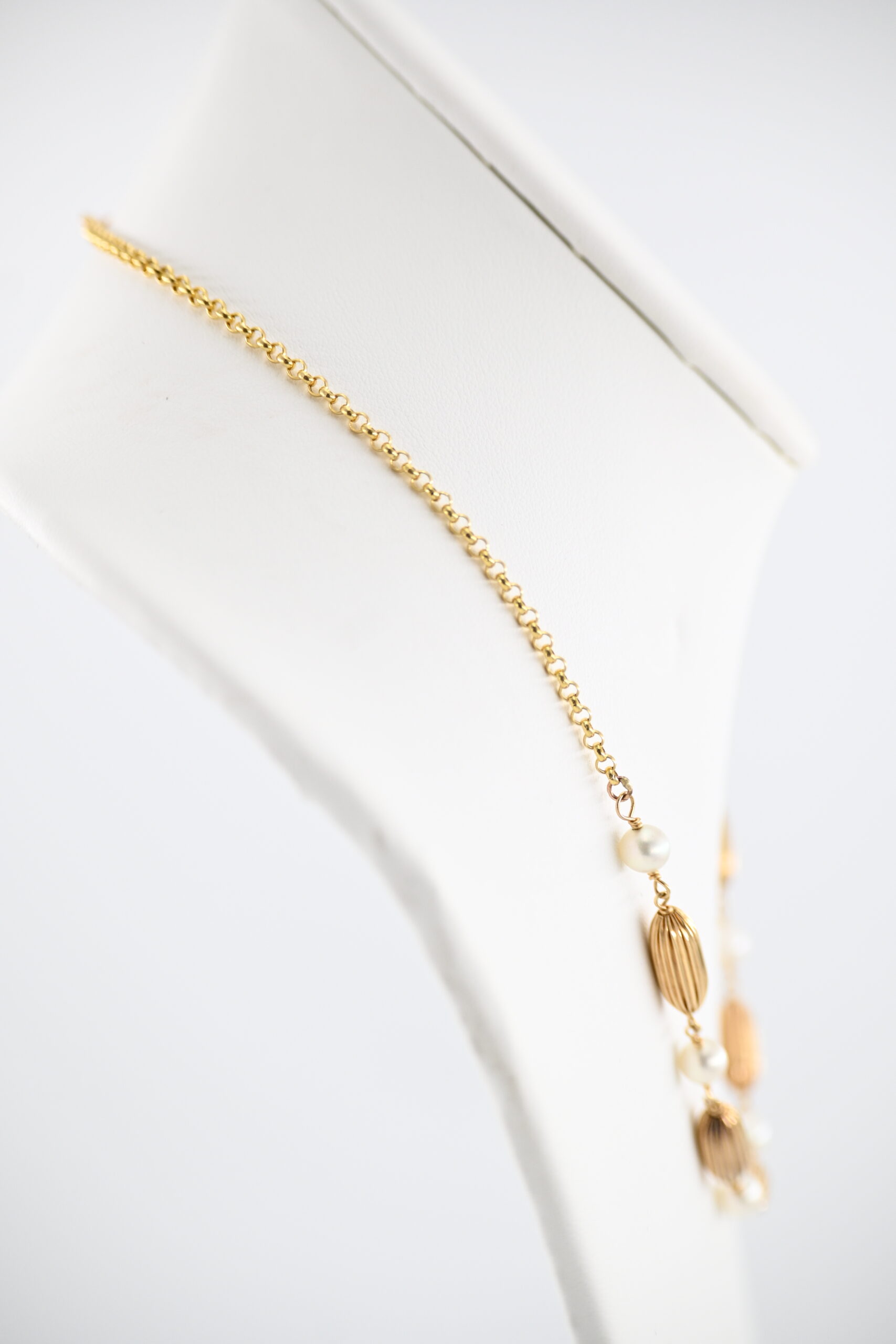 14K Italian Gold Pearl Station Necklace with Fluted Oval Beads - Image 4