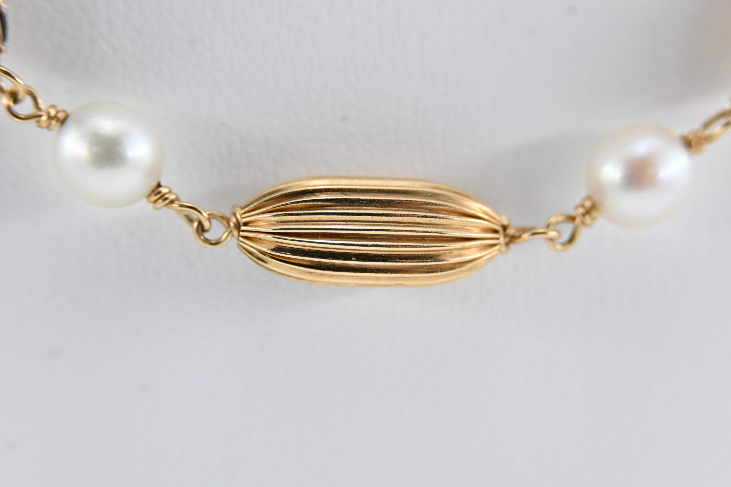 14K Italian Gold Pearl Station Necklace with Fluted Oval Beads - Image 6