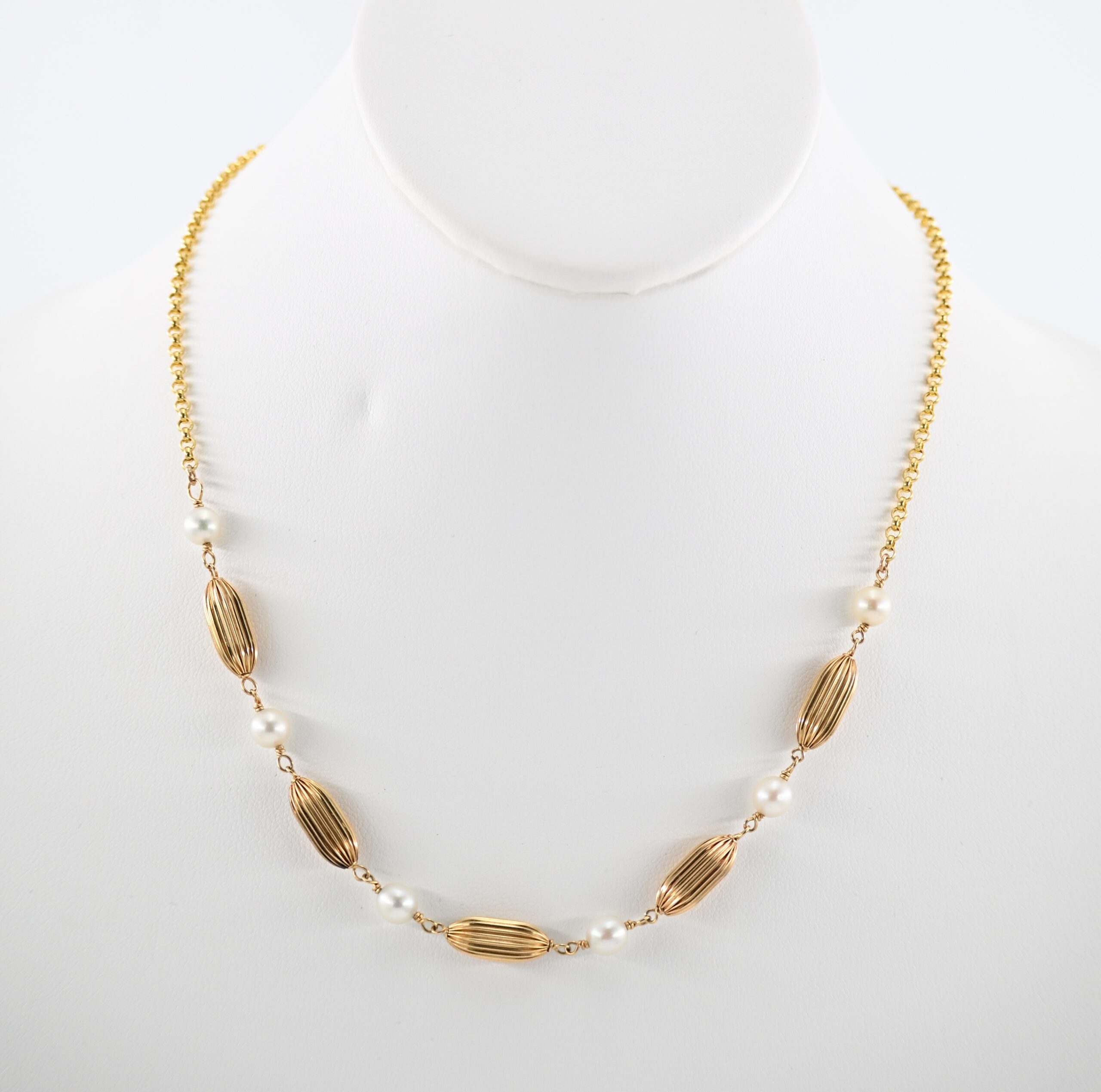 14K Italian Gold Pearl Station Necklace with Fluted Oval Beads