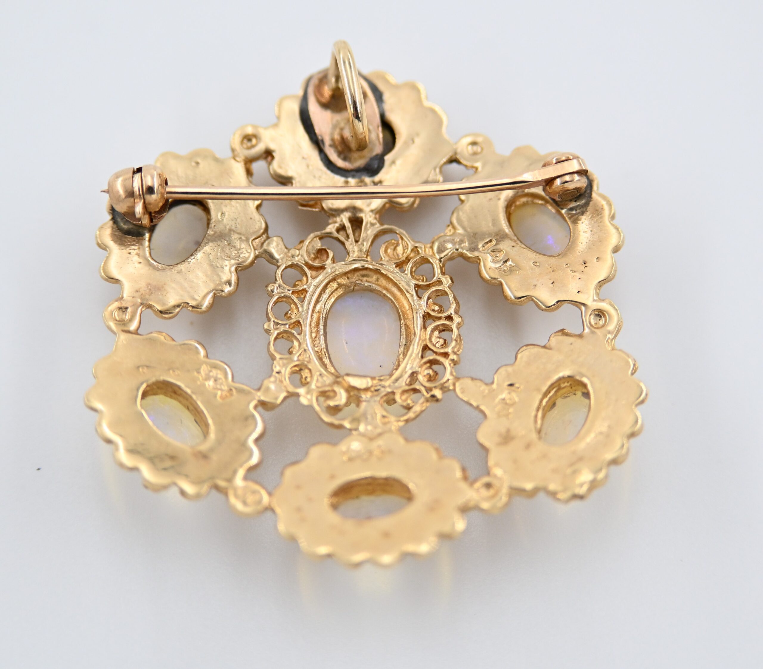 14K Yellow Gold Opal Cabochon Cluster Brooch Pendant - Image 3