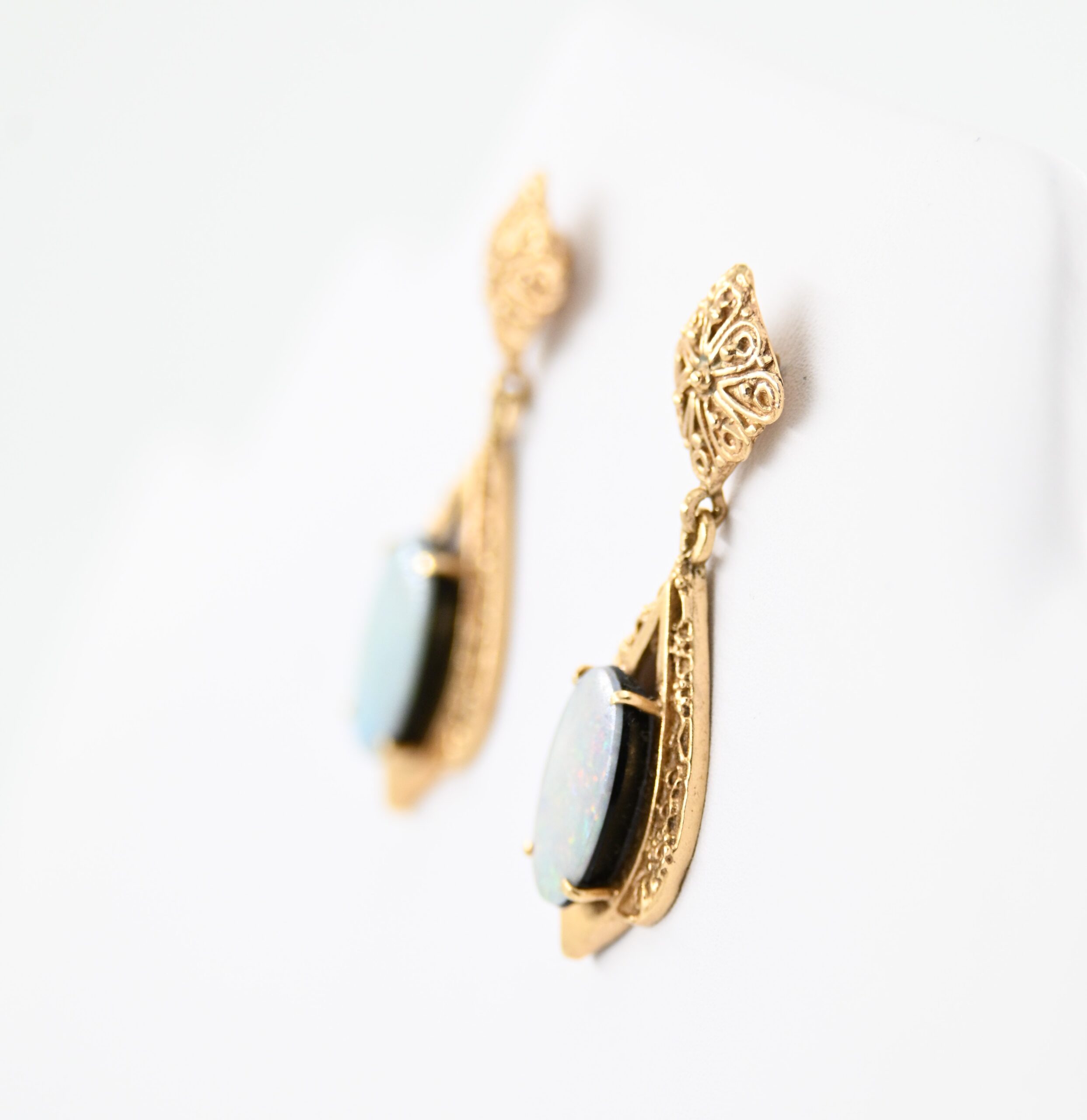 14K Yellow Gold Opal Doublet Drop Earrings with Filigree Detail - Image 2