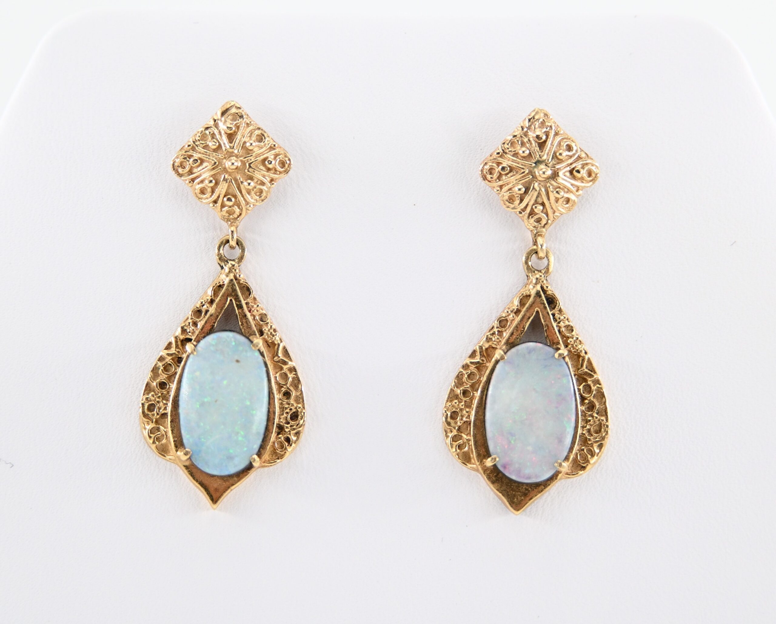 14K Yellow Gold Opal Doublet Drop Earrings with Filigree Detail