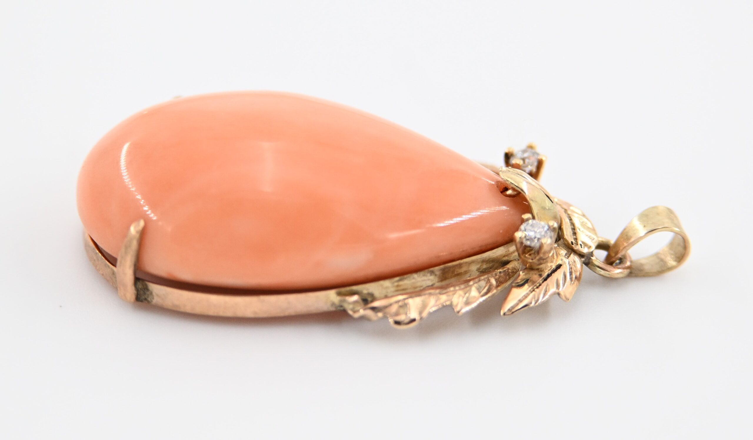 18K Gold Large Angel Skin Coral and Diamond Pendant with Leaf Accents - Image 2
