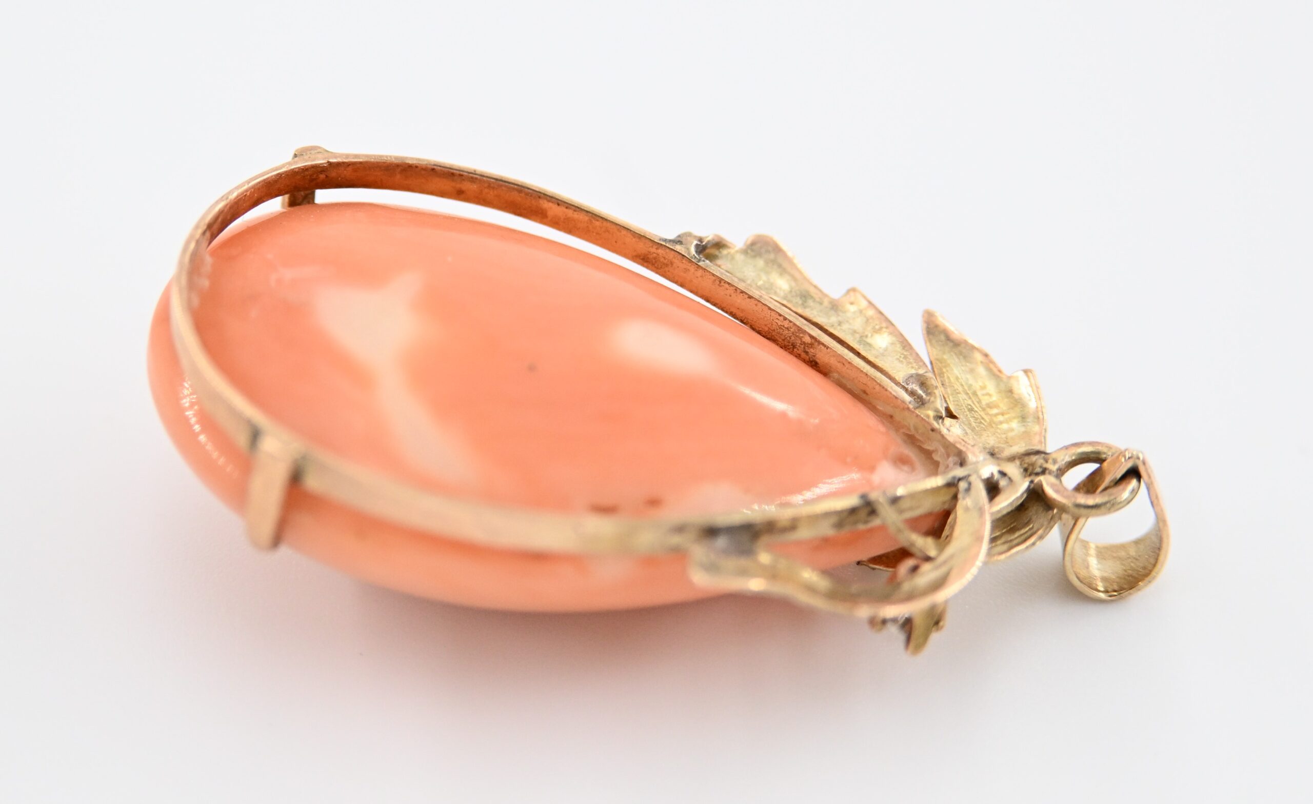 18K Gold Large Angel Skin Coral and Diamond Pendant with Leaf Accents - Image 3