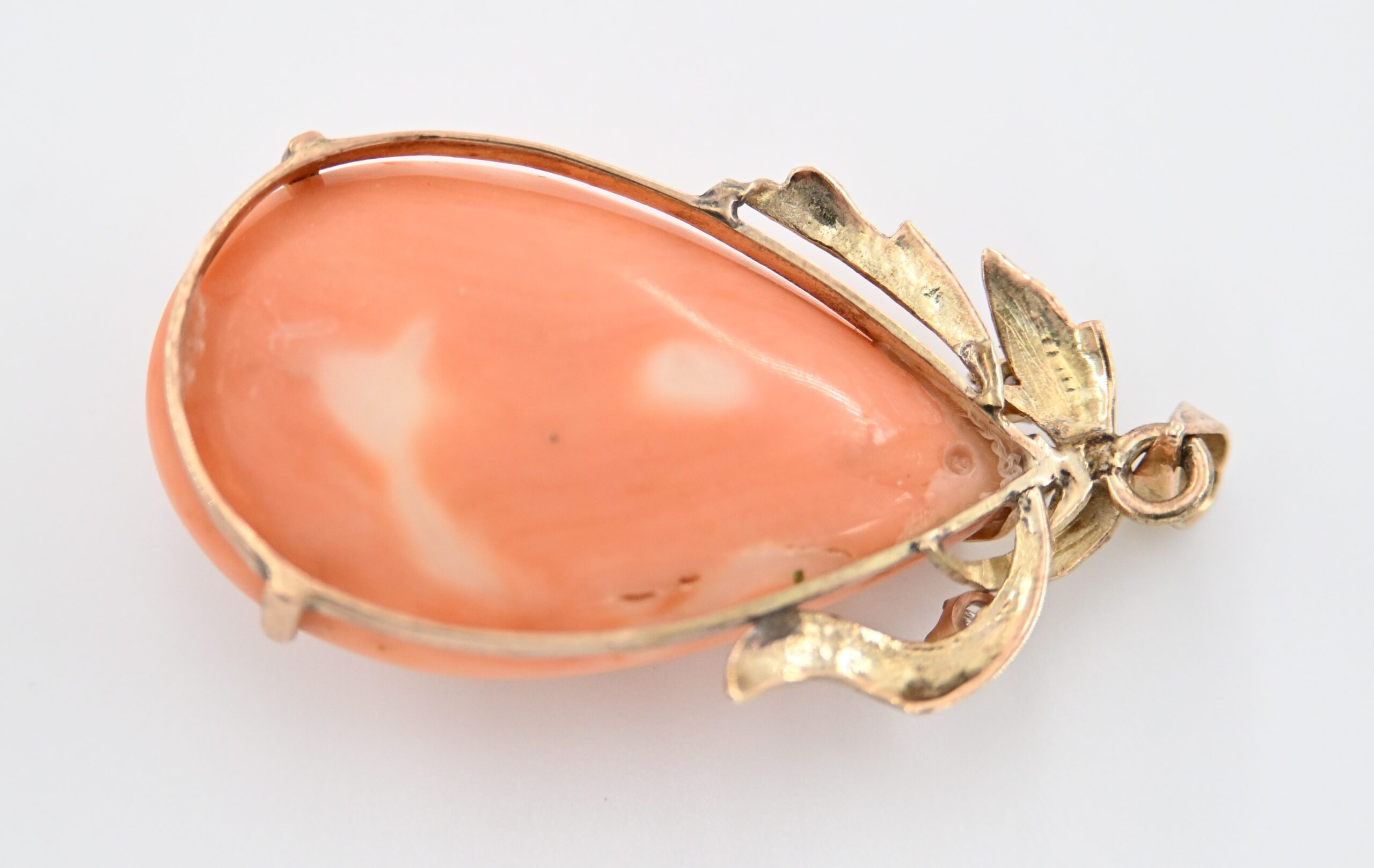 18K Gold Large Angel Skin Coral and Diamond Pendant with Leaf Accents - Image 4