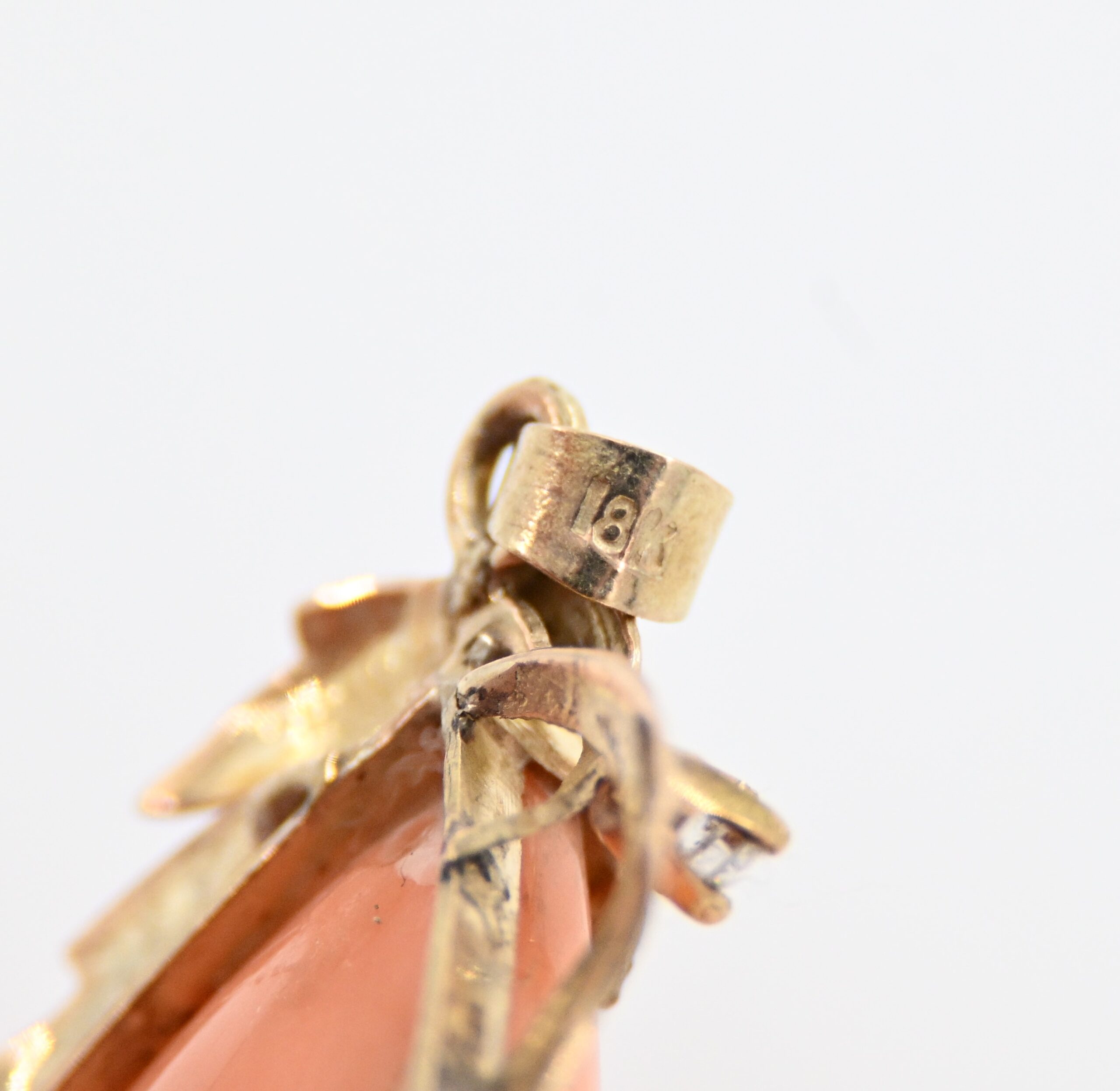 18K Gold Large Angel Skin Coral and Diamond Pendant with Leaf Accents - Image 5