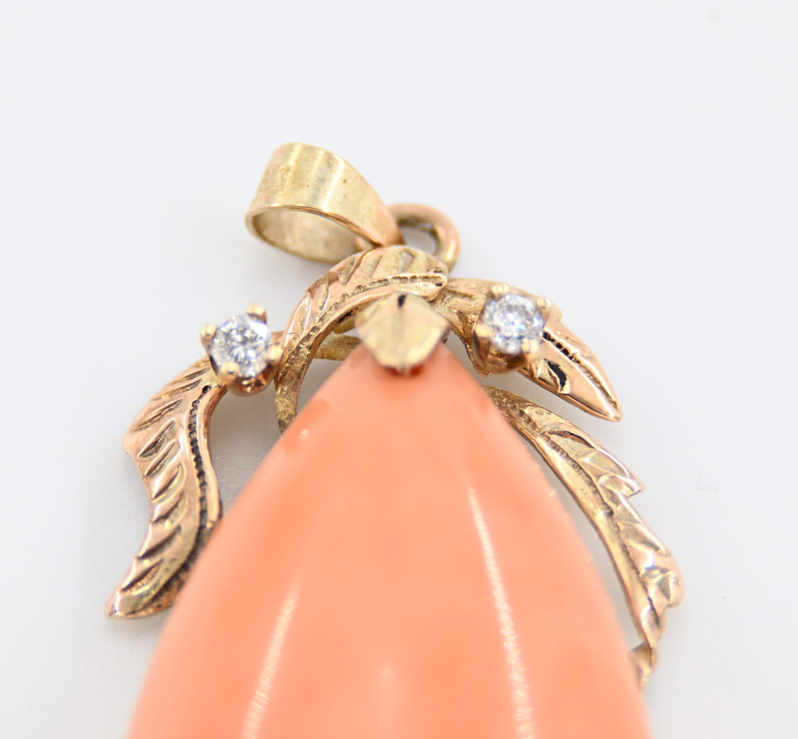 18K Gold Large Angel Skin Coral and Diamond Pendant with Leaf Accents - Image 6