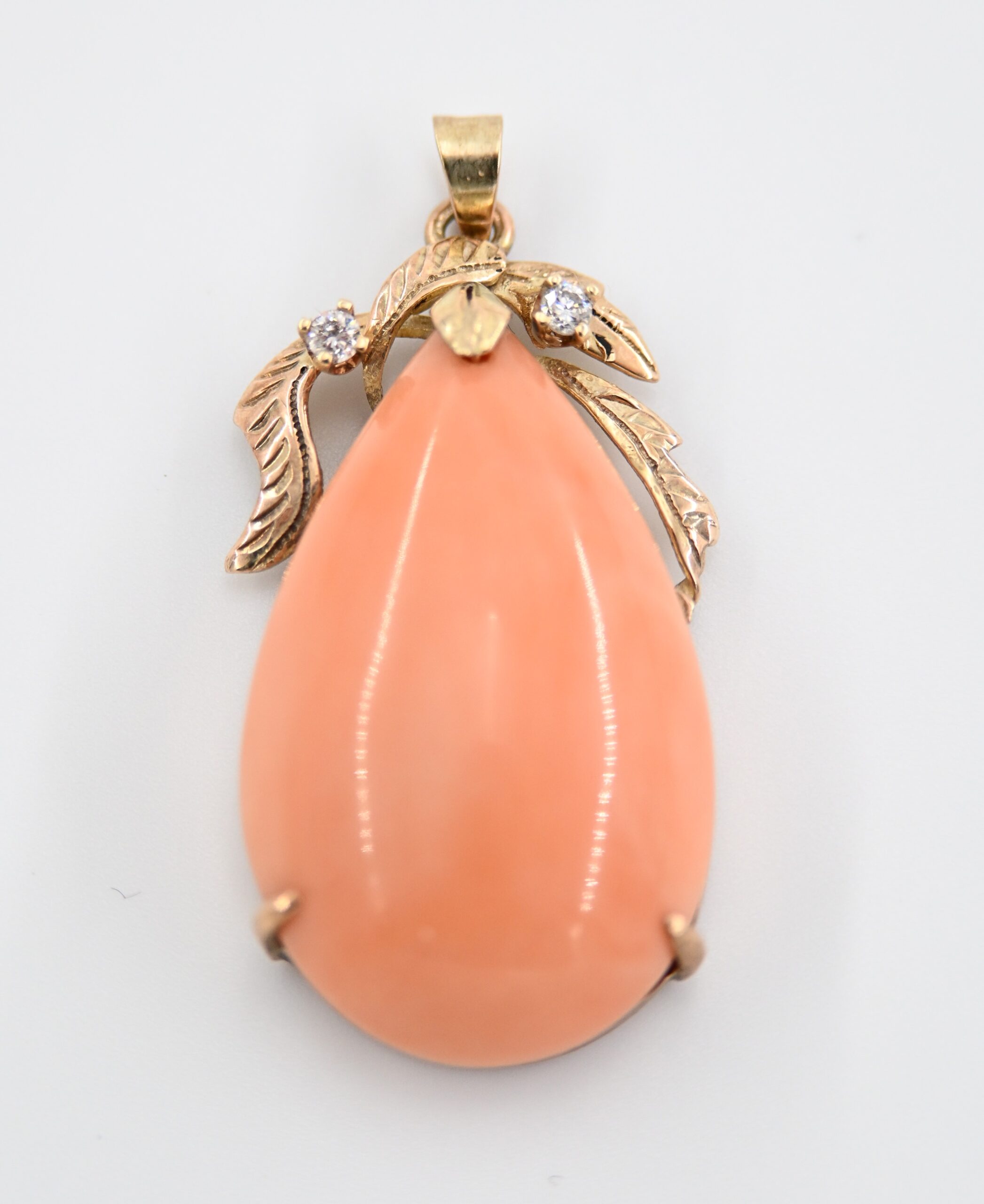 18K Gold Large Angel Skin Coral and Diamond Pendant with Leaf Accents