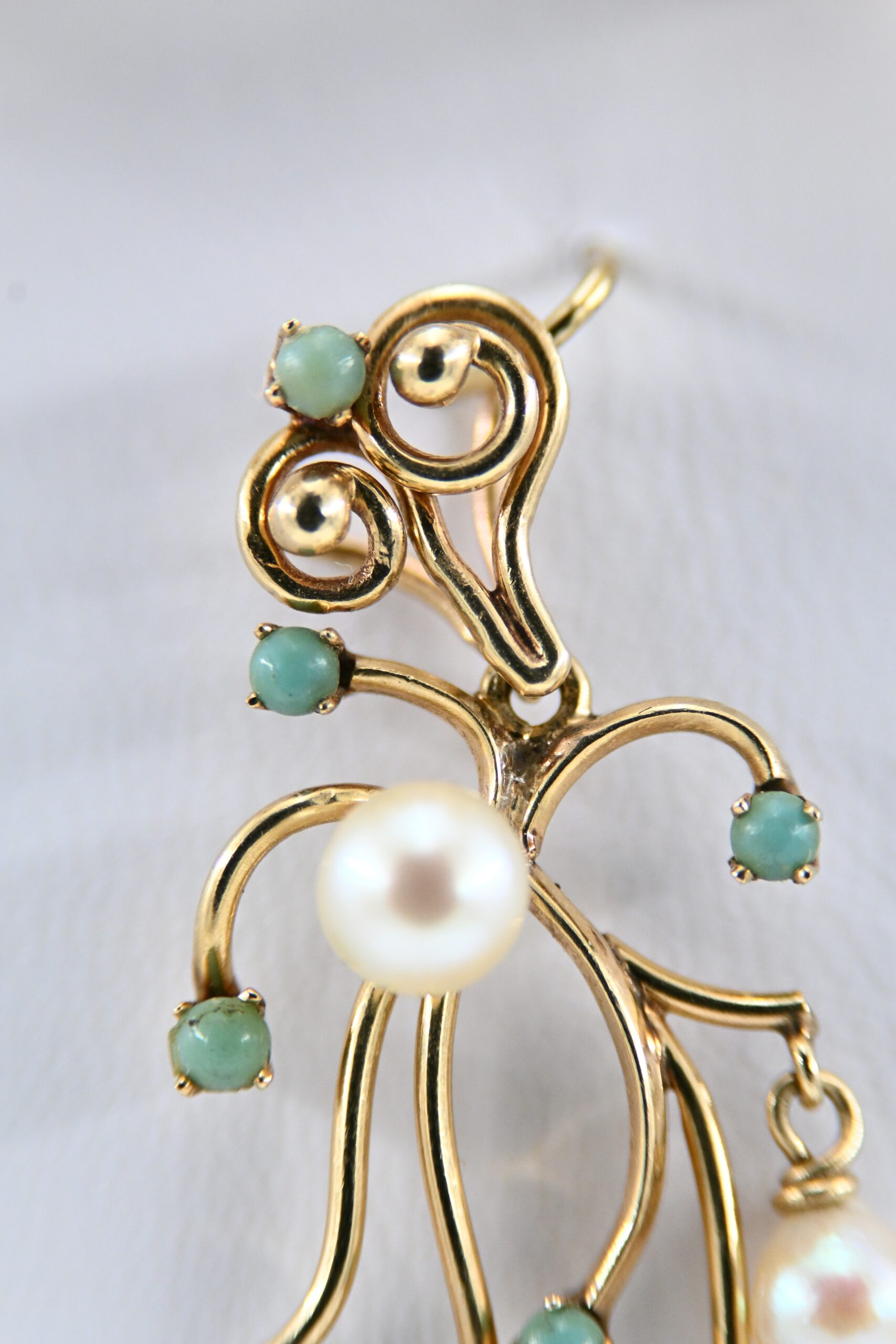 14K Gold Cultured Pearl and Turquoise Earrings with Associated Pendant - Image 3