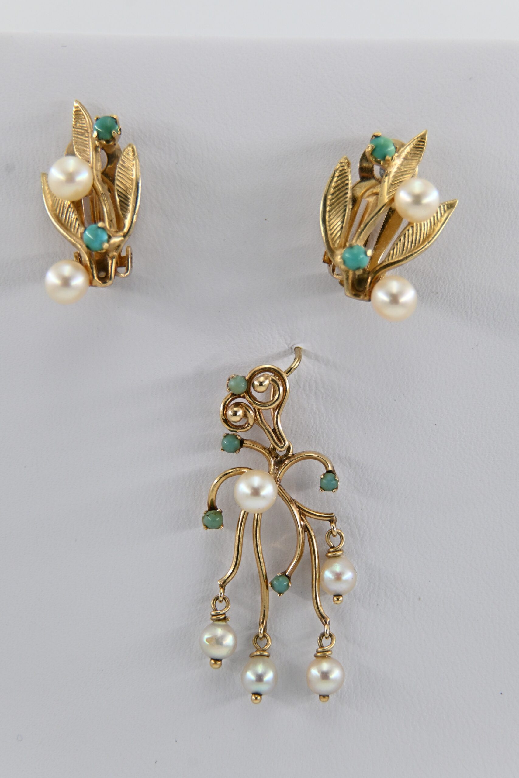 14K Gold Cultured Pearl and Turquoise Earrings with Associated Pendant