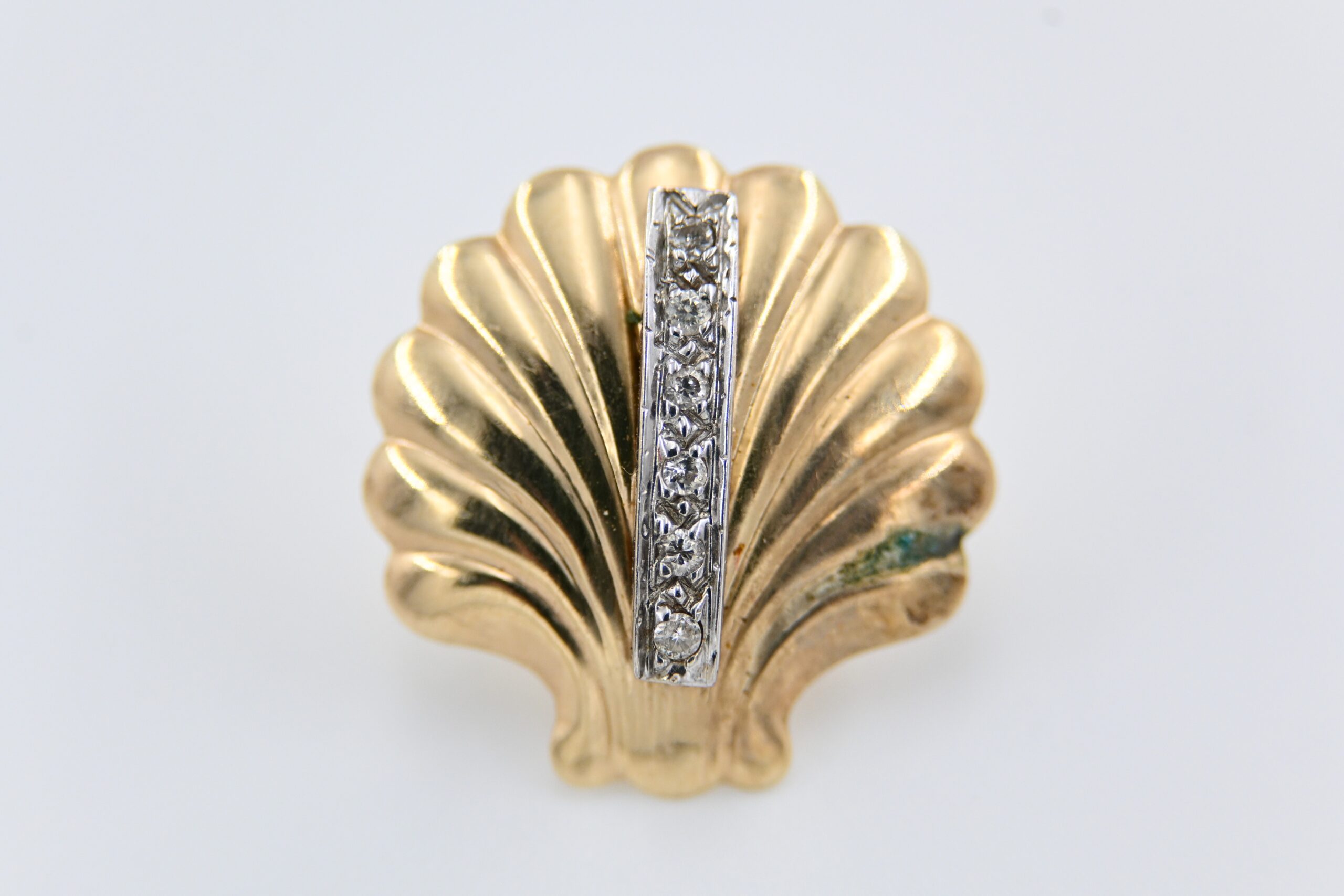 14K Yellow Gold Scallop Shell Stud Earrings with Diamond Accents - Image 2