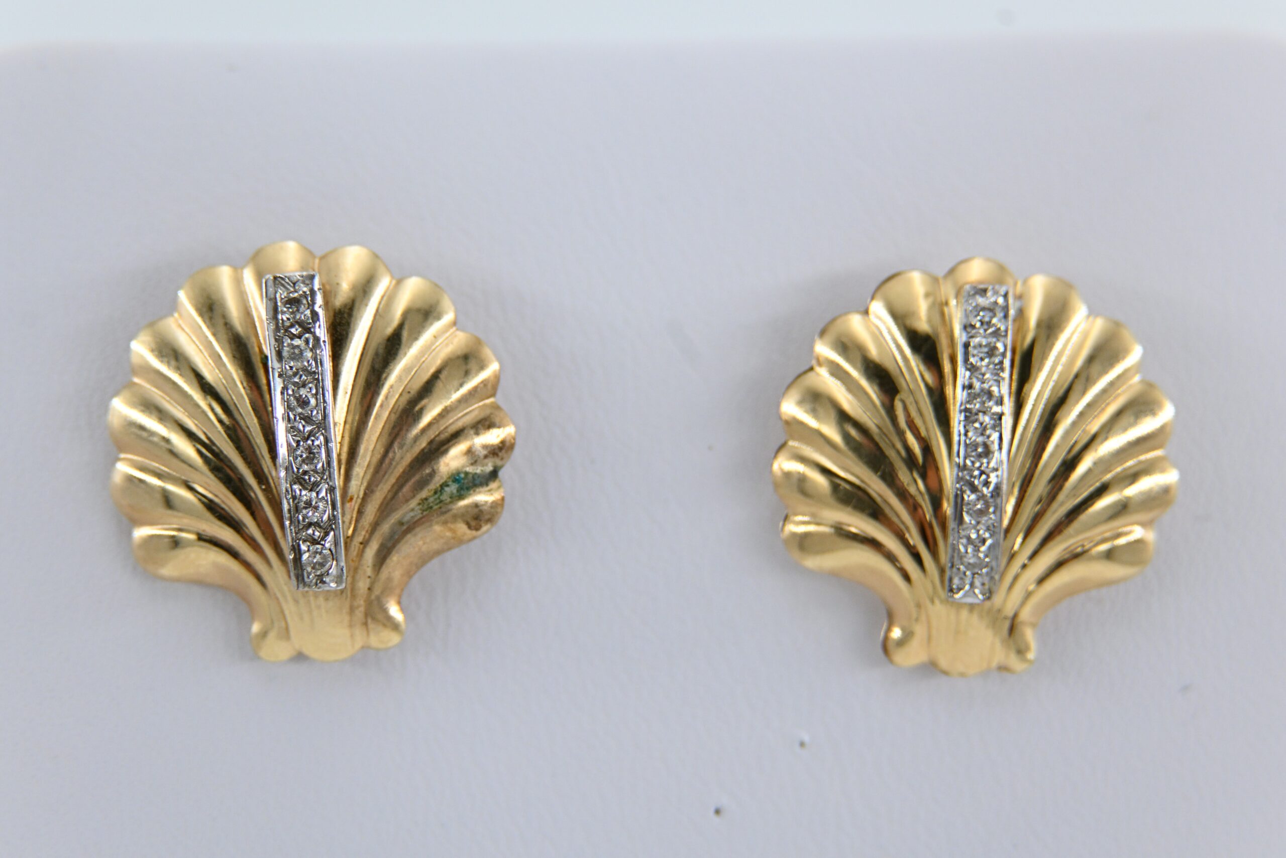 14K Yellow Gold Scallop Shell Stud Earrings with Diamond Accents