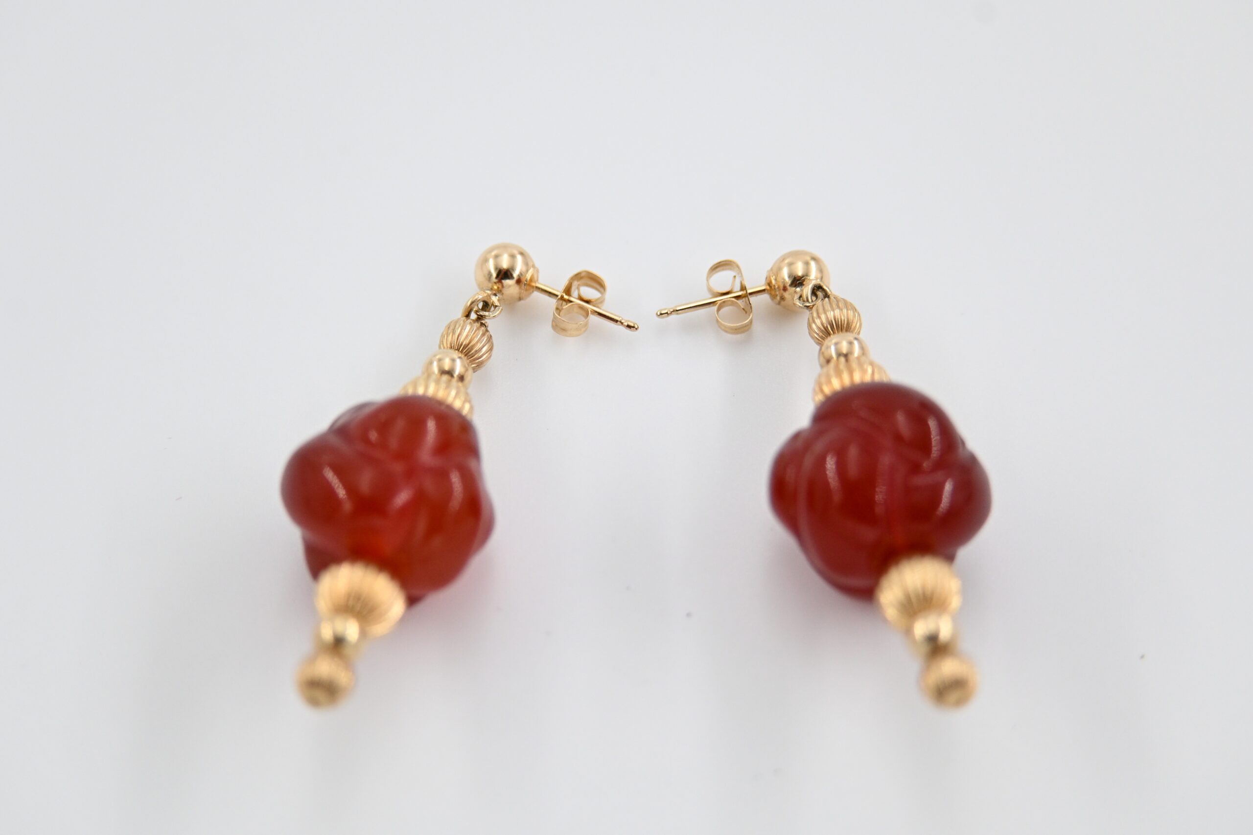 14K Yellow Gold Carved Carnelian Bead Drop Earrings - Image 2