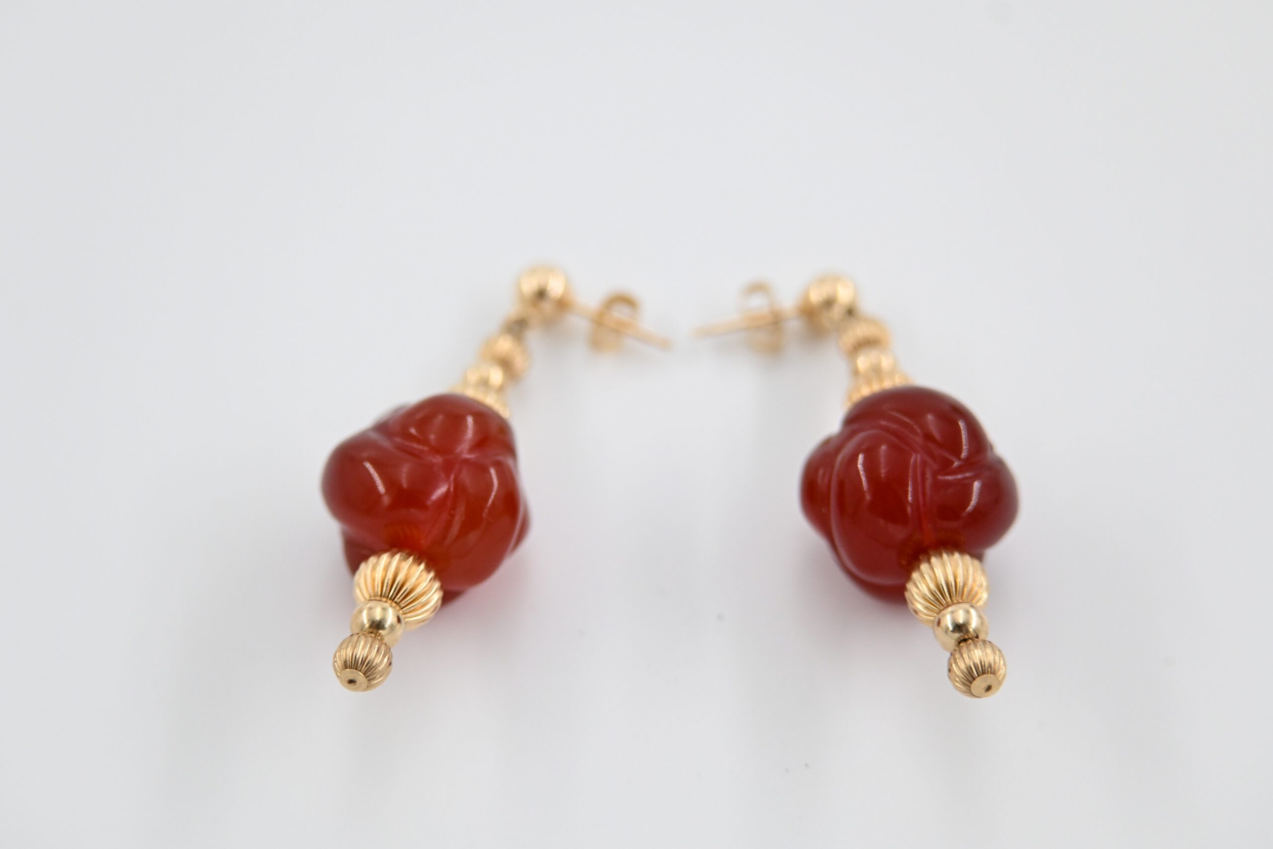 14K Yellow Gold Carved Carnelian Bead Drop Earrings - Image 3