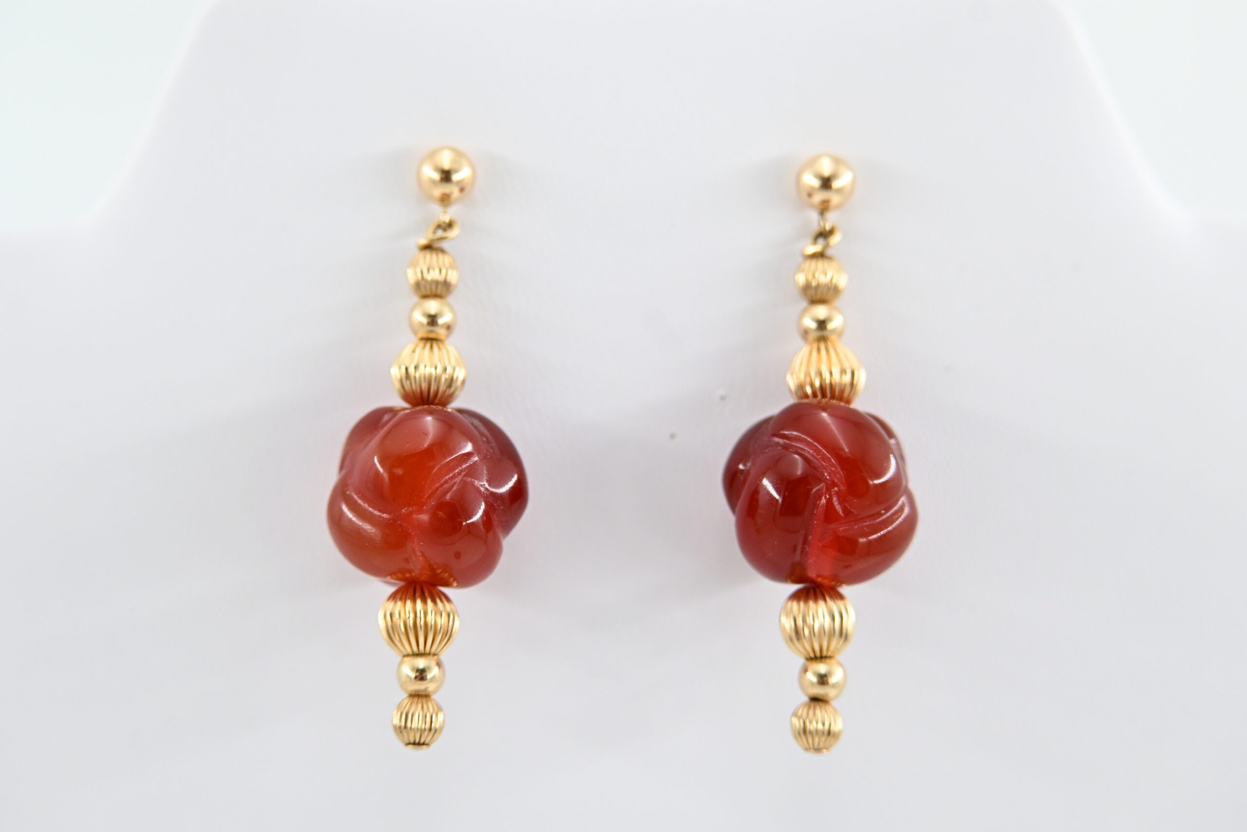 14K Yellow Gold Carved Carnelian Bead Drop Earrings