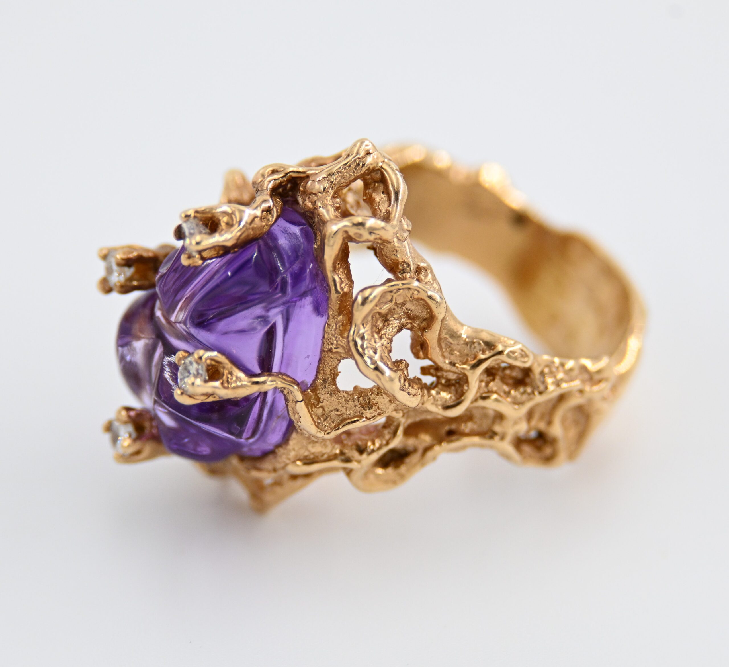 14K Gold Brutalist Artist Signed-Carved Amethyst & Diamond Cocktail Ring - Image 2