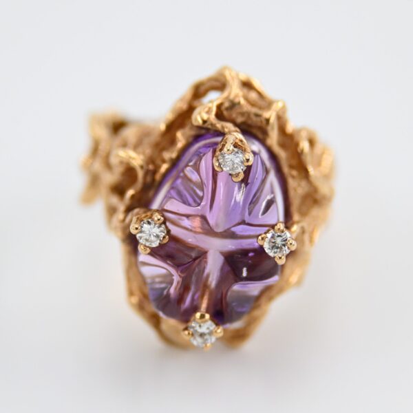 14K Gold Brutalist Artist Signed-Carved Amethyst & Diamond Cocktail Ring