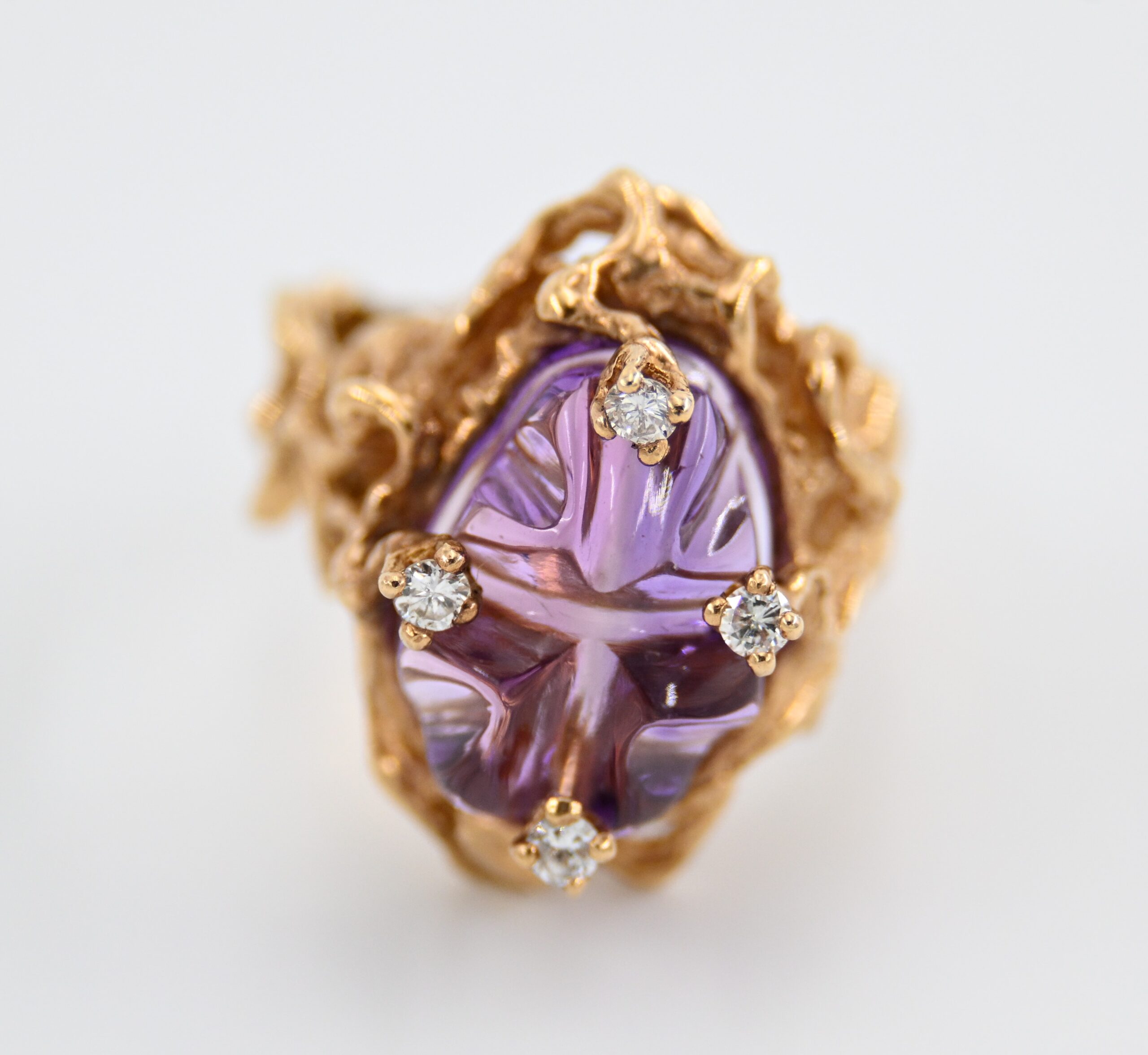 14K Gold Brutalist Artist Signed-Carved Amethyst & Diamond Cocktail Ring