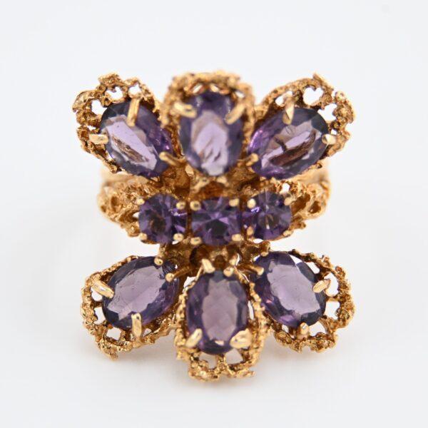 14K Yellow Gold Brutalist Amethyst Cluster Ring