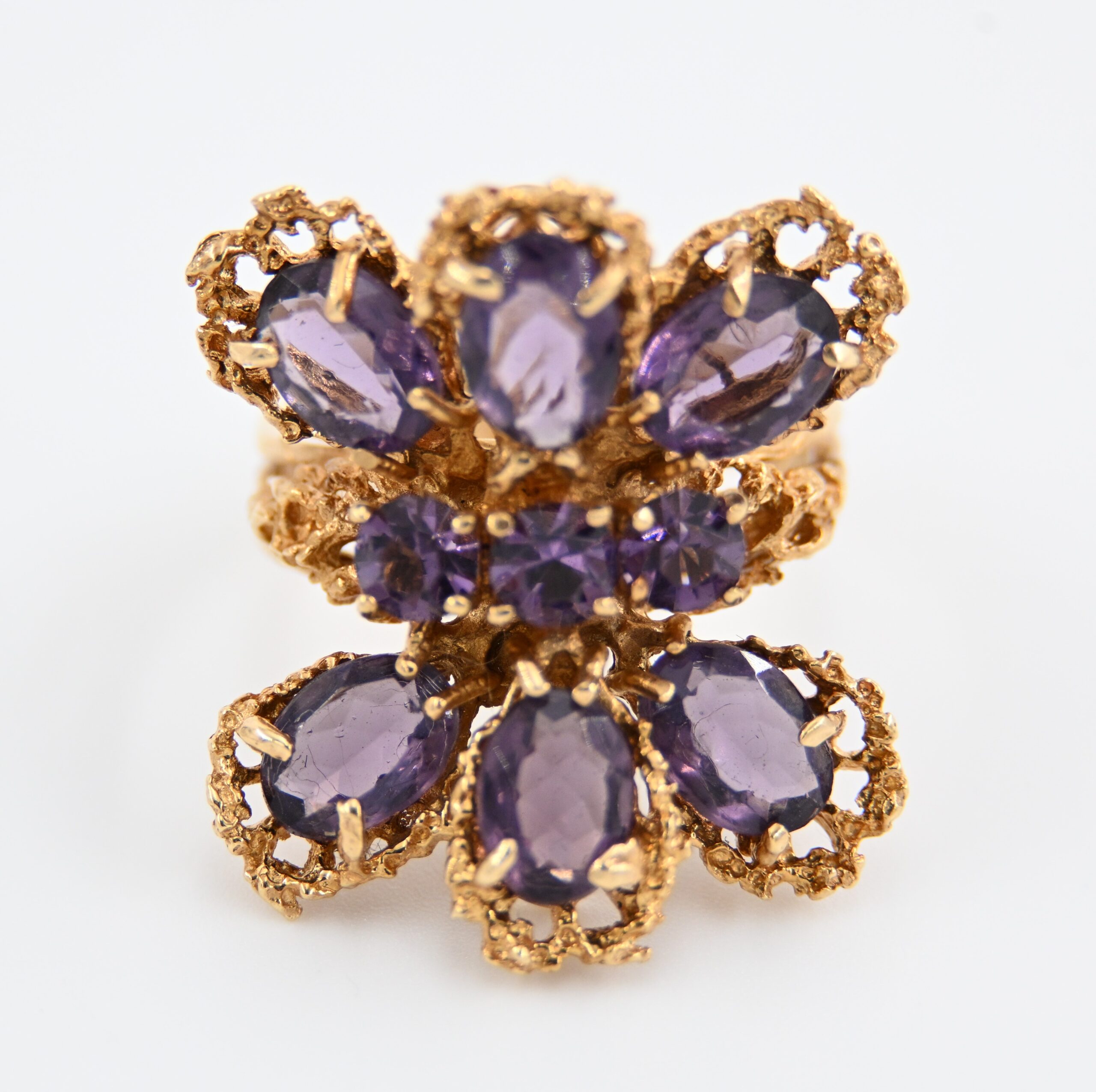 14K Yellow Gold Brutalist Amethyst Cluster Ring