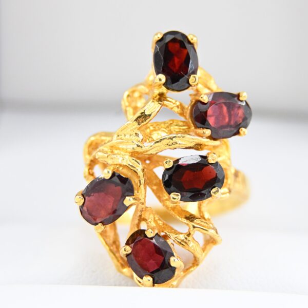 Vintage 14k Yellow Gold Garnet Cluster Freeform Cocktail Ring 6