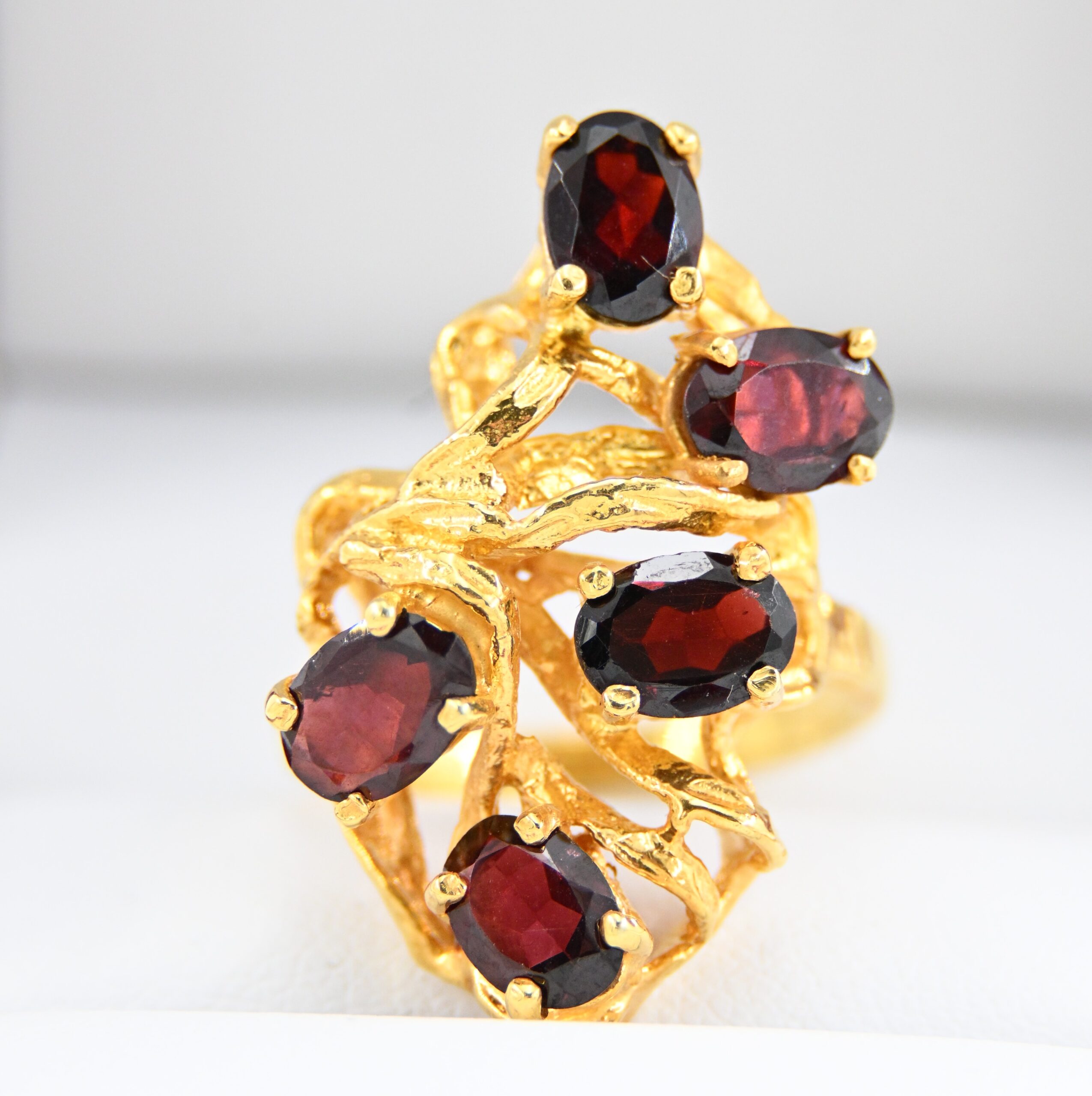 Vintage 14k Yellow Gold Garnet Cluster Freeform Cocktail Ring