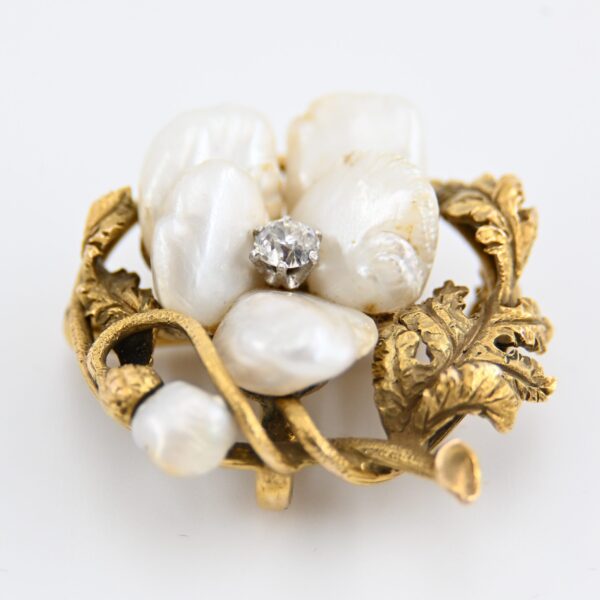 Antique Art Nouveau Gold Mississippi River Baroque Pearl & Diamond Brooch 4