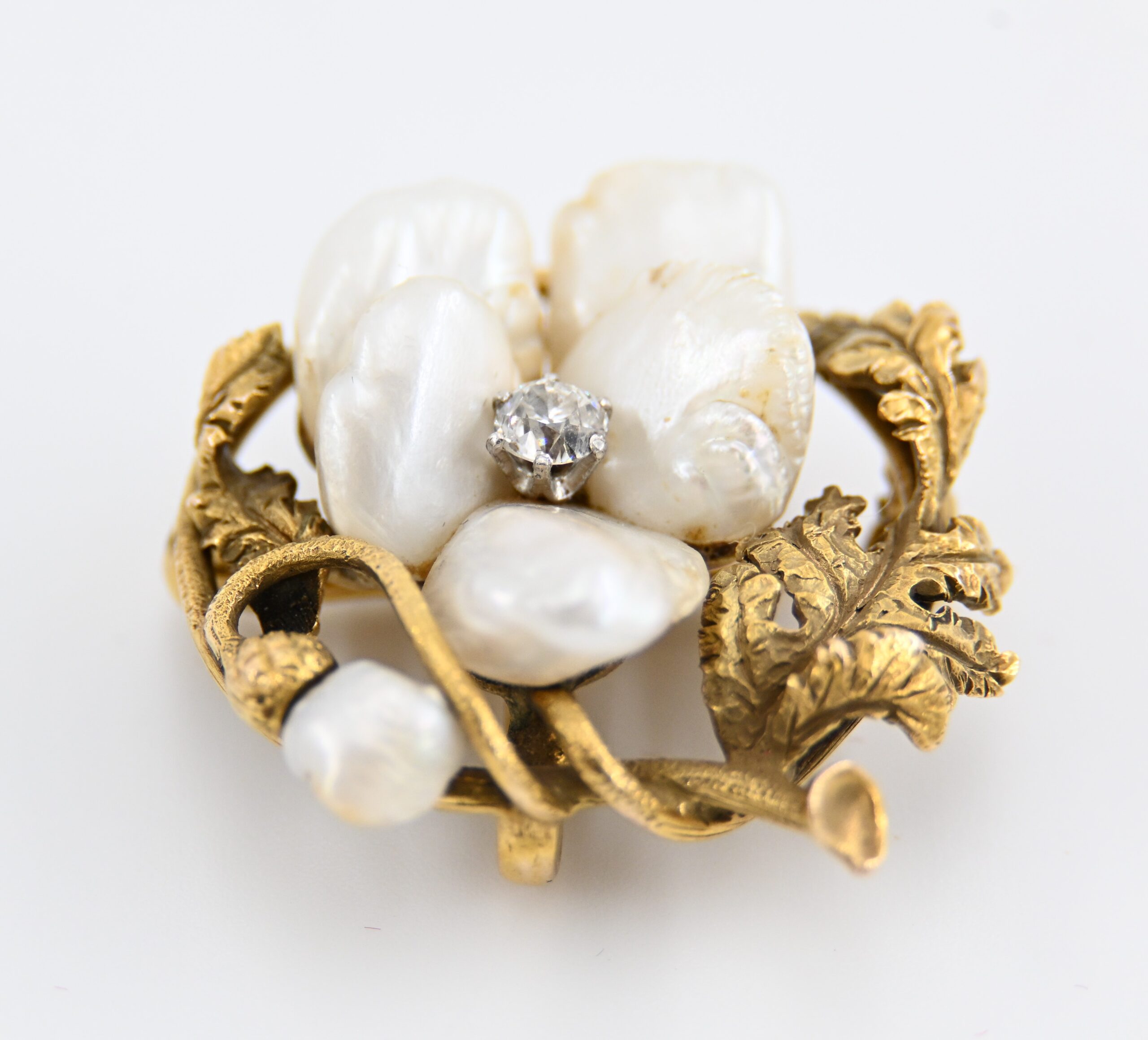 Antique Art Nouveau Gold Mississippi River Baroque Pearl & Diamond Brooch