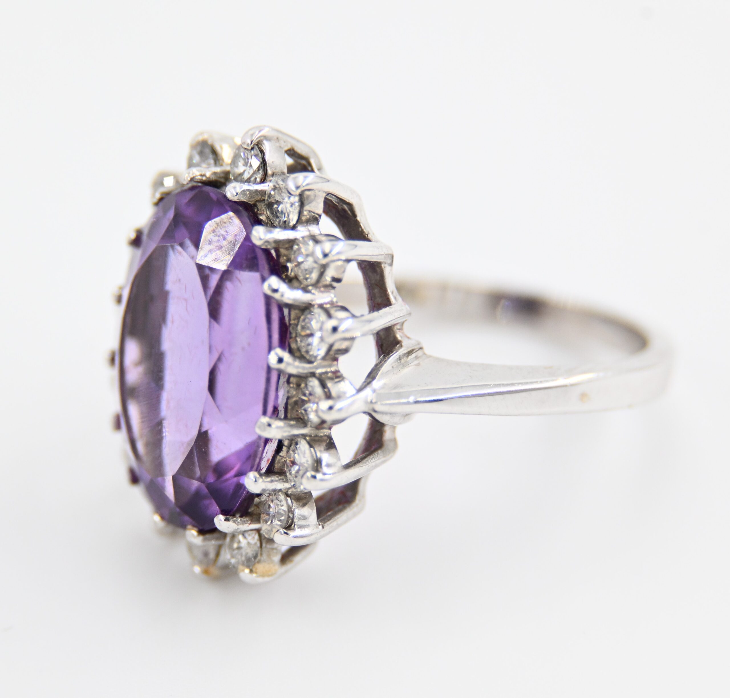 14K White Gold Oval Amethyst & Diamond Halo Cocktail Ring - Image 2