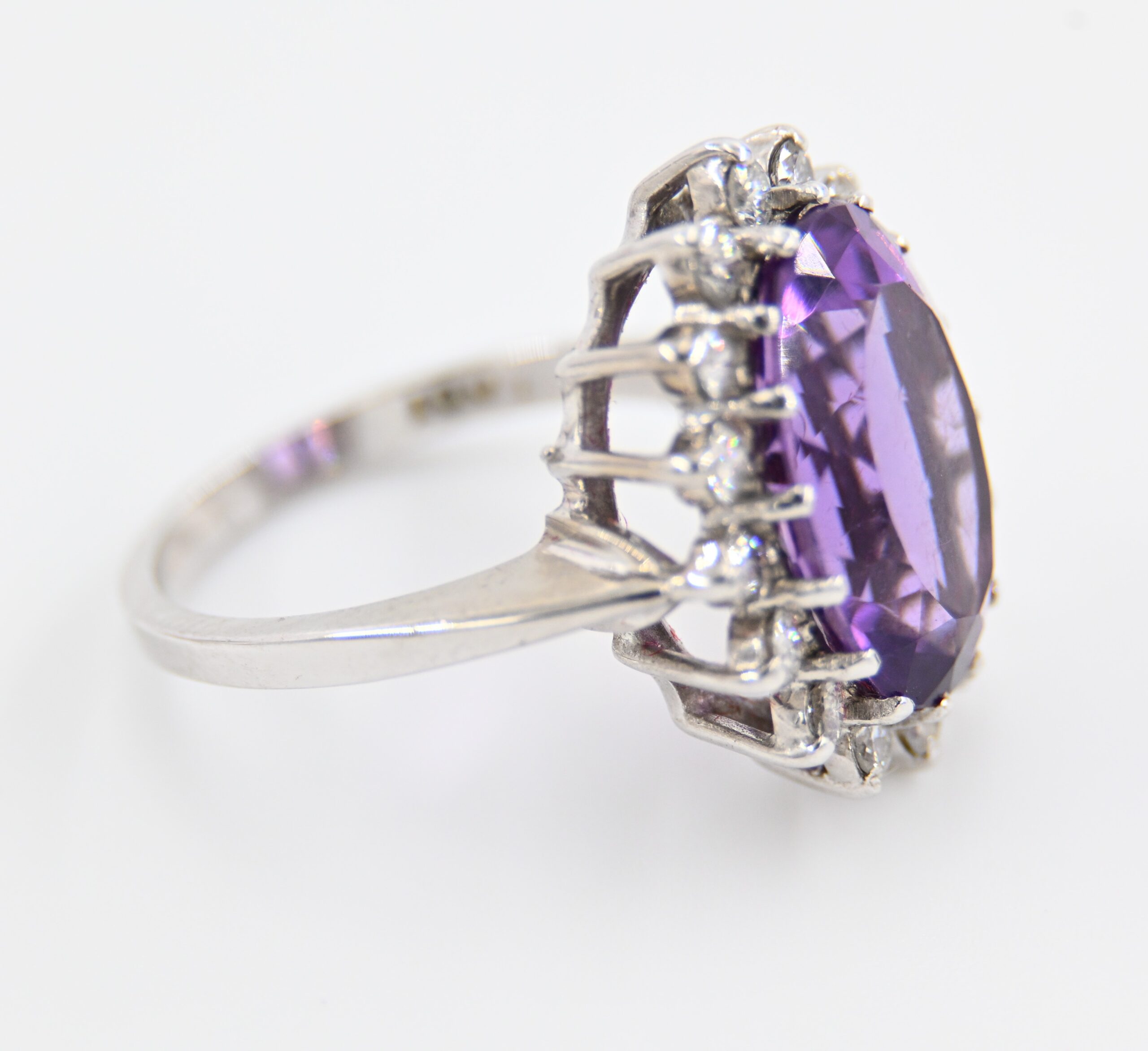 14K White Gold Oval Amethyst & Diamond Halo Cocktail Ring - Image 5