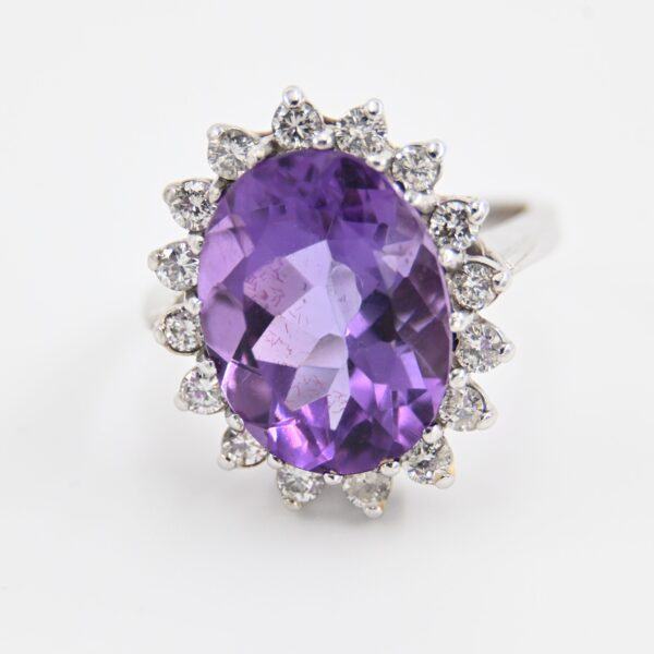 14K White Gold Oval Amethyst & Diamond Halo Cocktail Ring 6