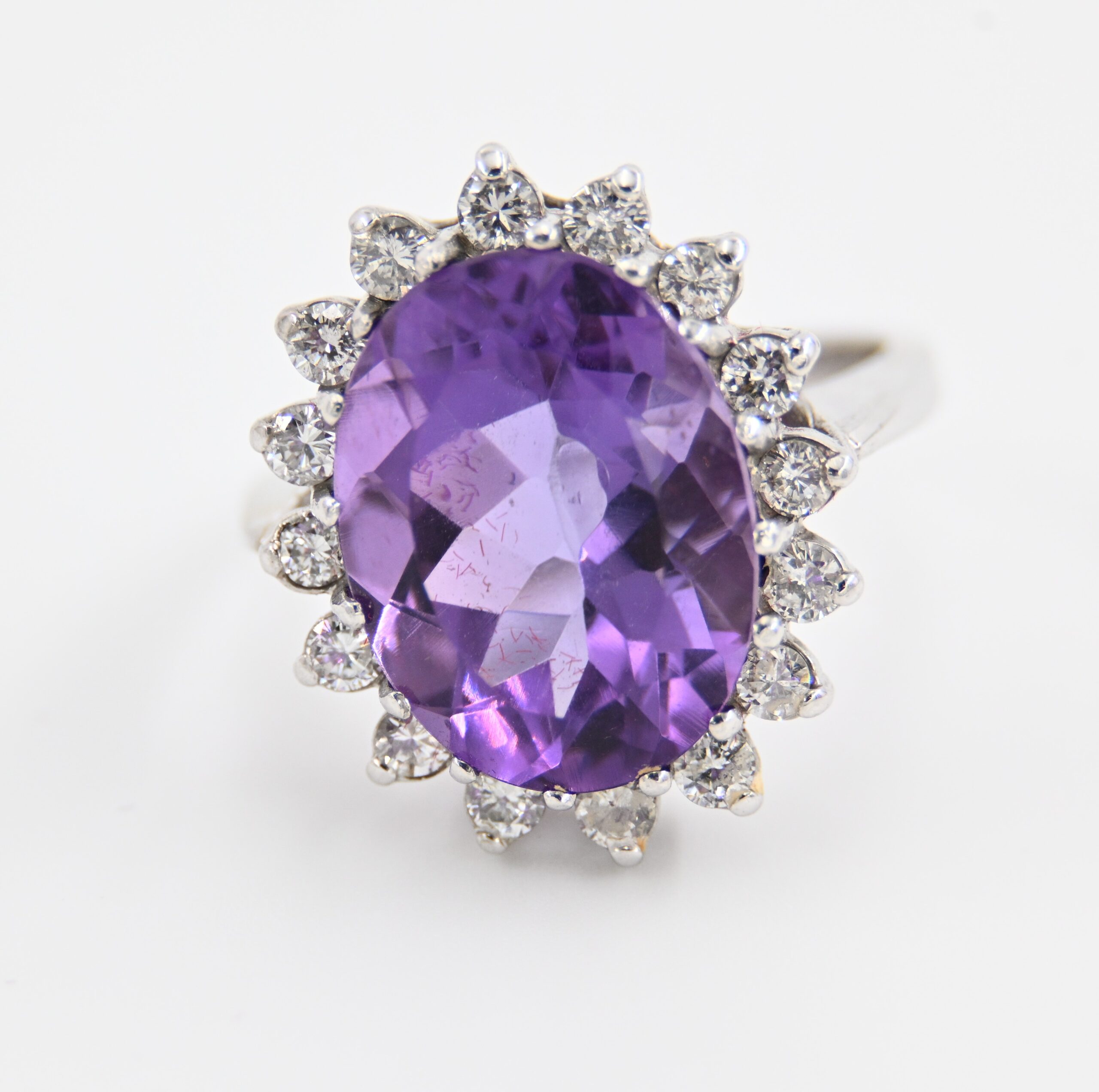 14K White Gold Oval Amethyst & Diamond Halo Cocktail Ring