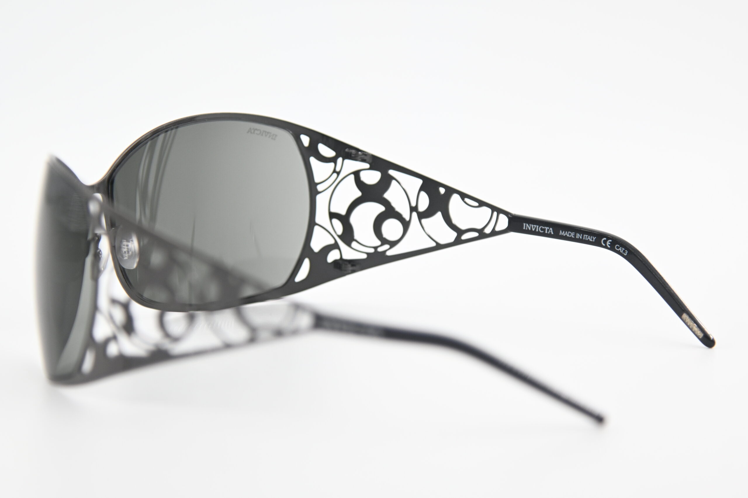 Invicta IEW002-03 Black Wraparound Sunglasses Filigree Cutout Temples - Image 3