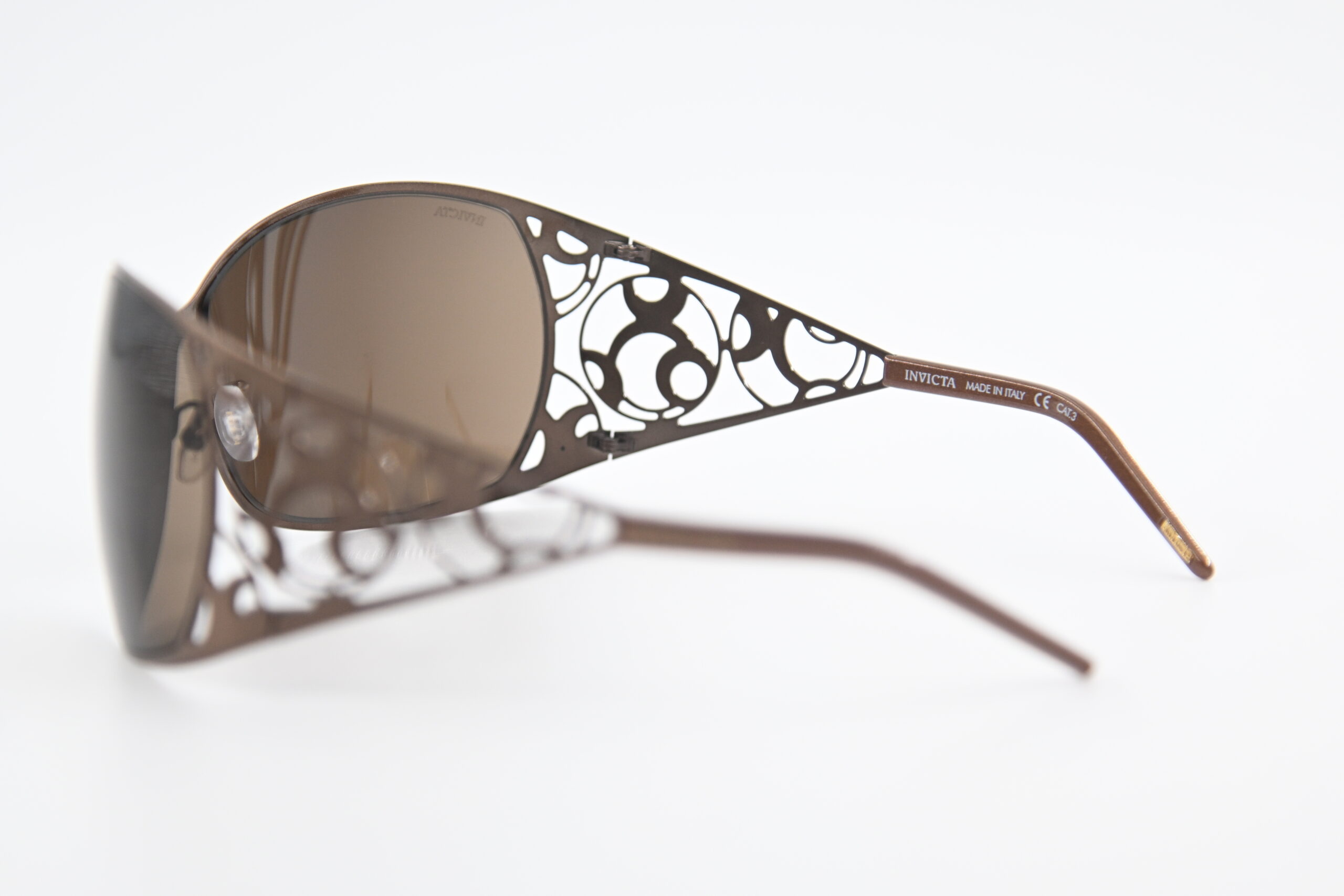 Invicta IEW002-04 Bronze Wraparound Sunglasses Filigree Cutout Temples Brown Lenses