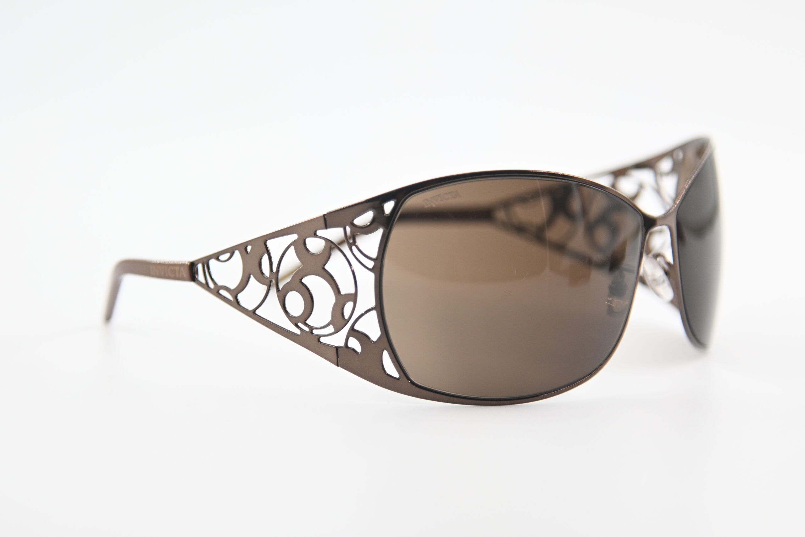 Invicta IEW002-04 Bronze Wraparound Sunglasses Filigree Cutout Temples Brown Lenses