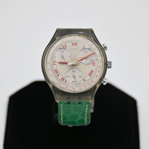 Swatch Chrono Vintage Skeleton Back Chronograph Green Leather Strap