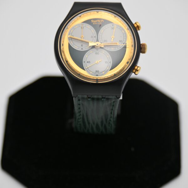 Swatch Chrono Black Gold-Tone Pushers Tricompax Dial Green Strap