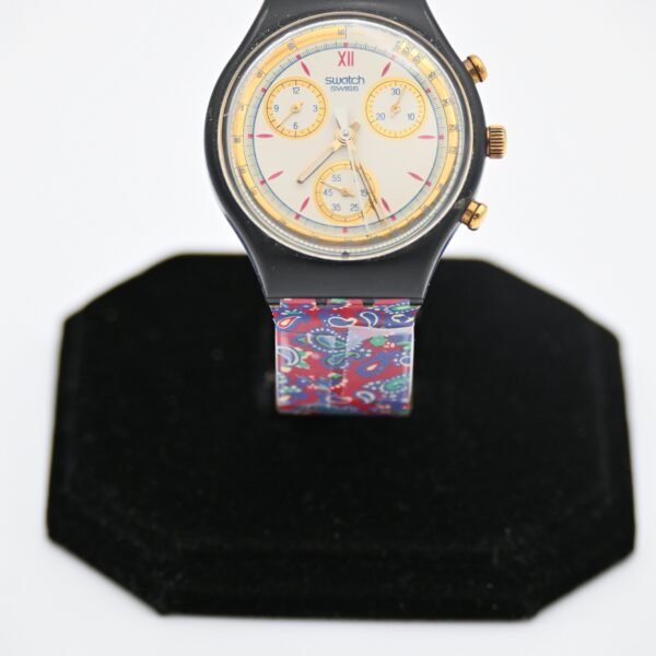 Swatch Chrono Black Gold-Tone Pushers Paisley Strap Tachymeter 1991