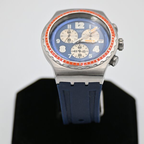 Swatch Irony Chrono Blue Dial Orange Bezel Date Rubber Strap Swiss Made
