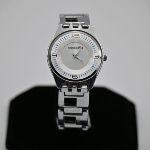 Swatch Swiss Ladies Quartz White Blue Dial Open-Link Steel Bracelet Watch
