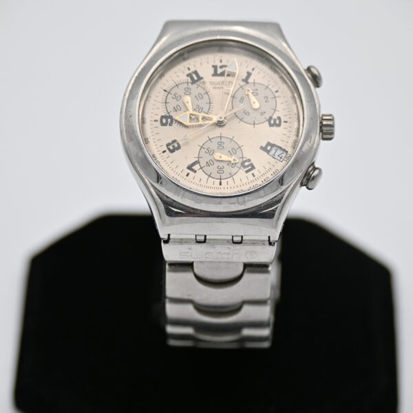 Swatch Irony Chrono Silver Tone Arabic Numeral Tachymeter Bracelet Swiss Made